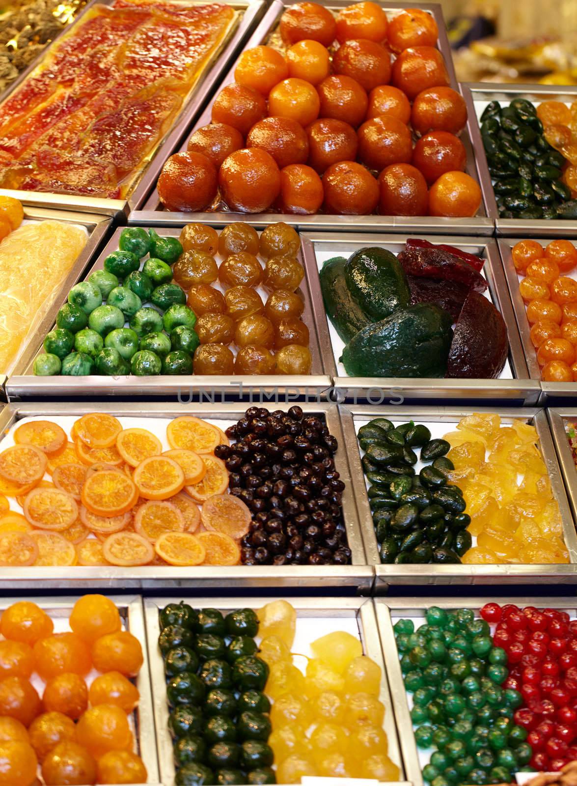 Assorted candy in a market, Barcelona, Spain.