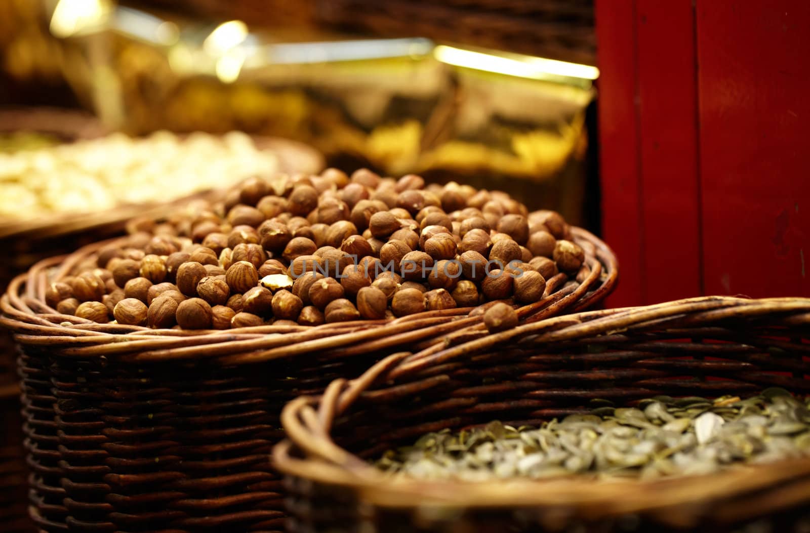 Hazelnuts at the La Boqueria market in Barcelona, Spain.