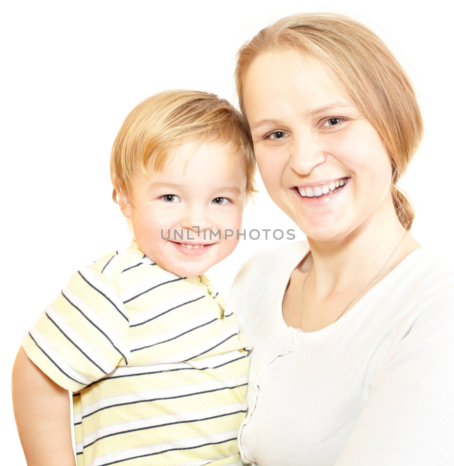 Young mother with her son smiling to the camera. Isolated on white.