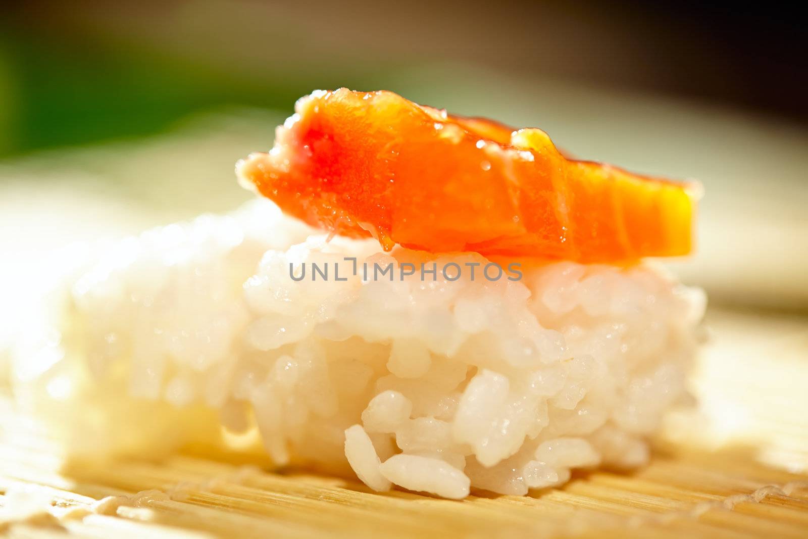 Rice with salmon. Macro shot with beautiful shallow dof illustrating making sushi process.