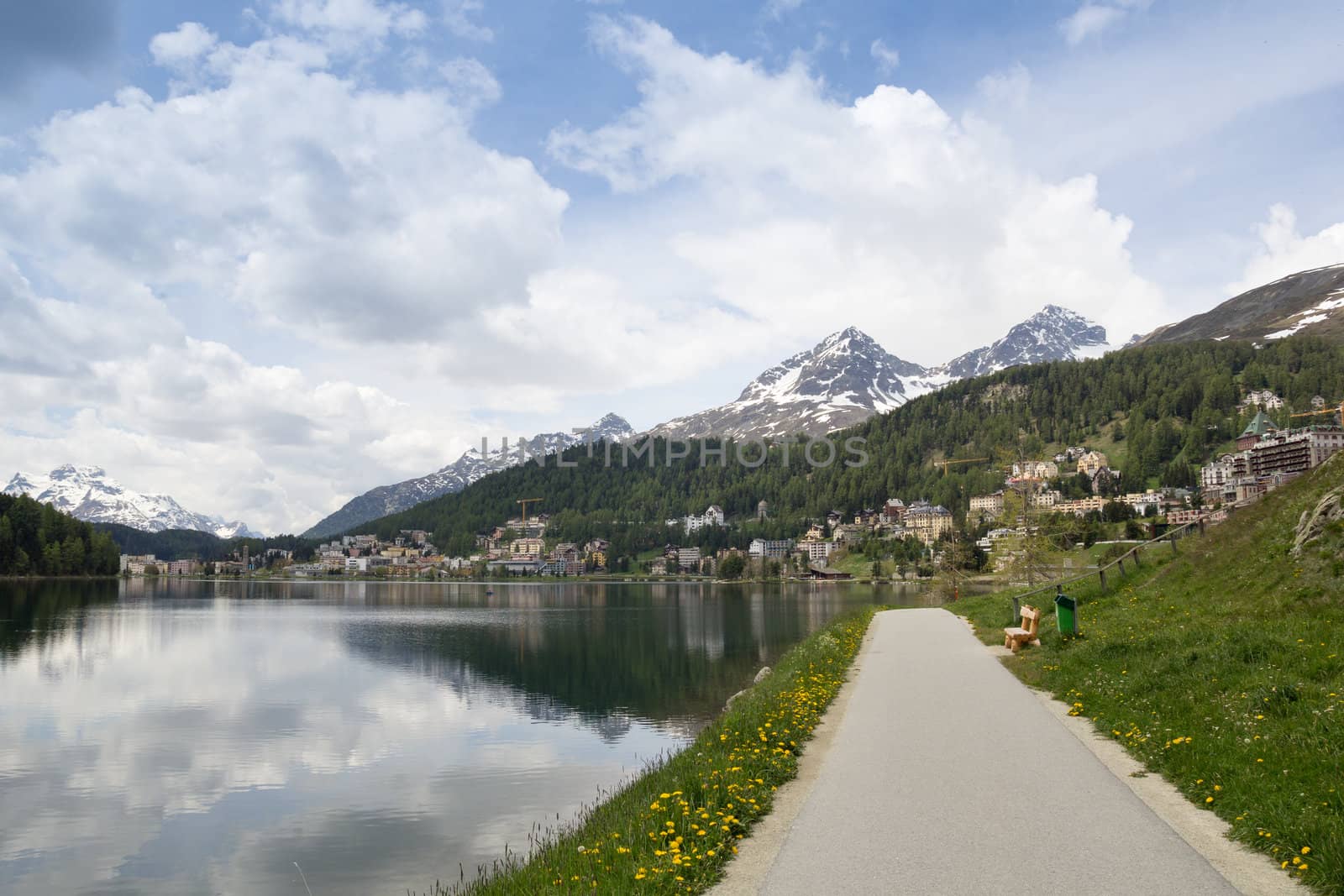 Lake and the city of St. Moritz, Switzerland