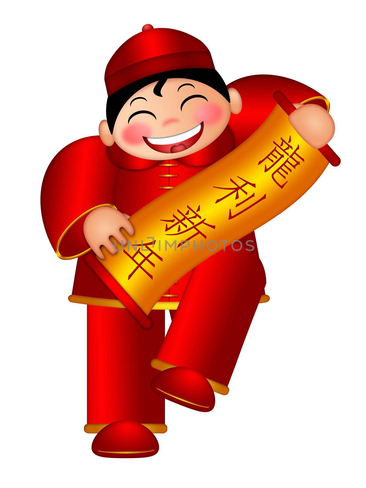 Chinese Boy Holding Scroll with Text Wishing Good Luck in the Year of the Dragon Illustration Isolated on White Background