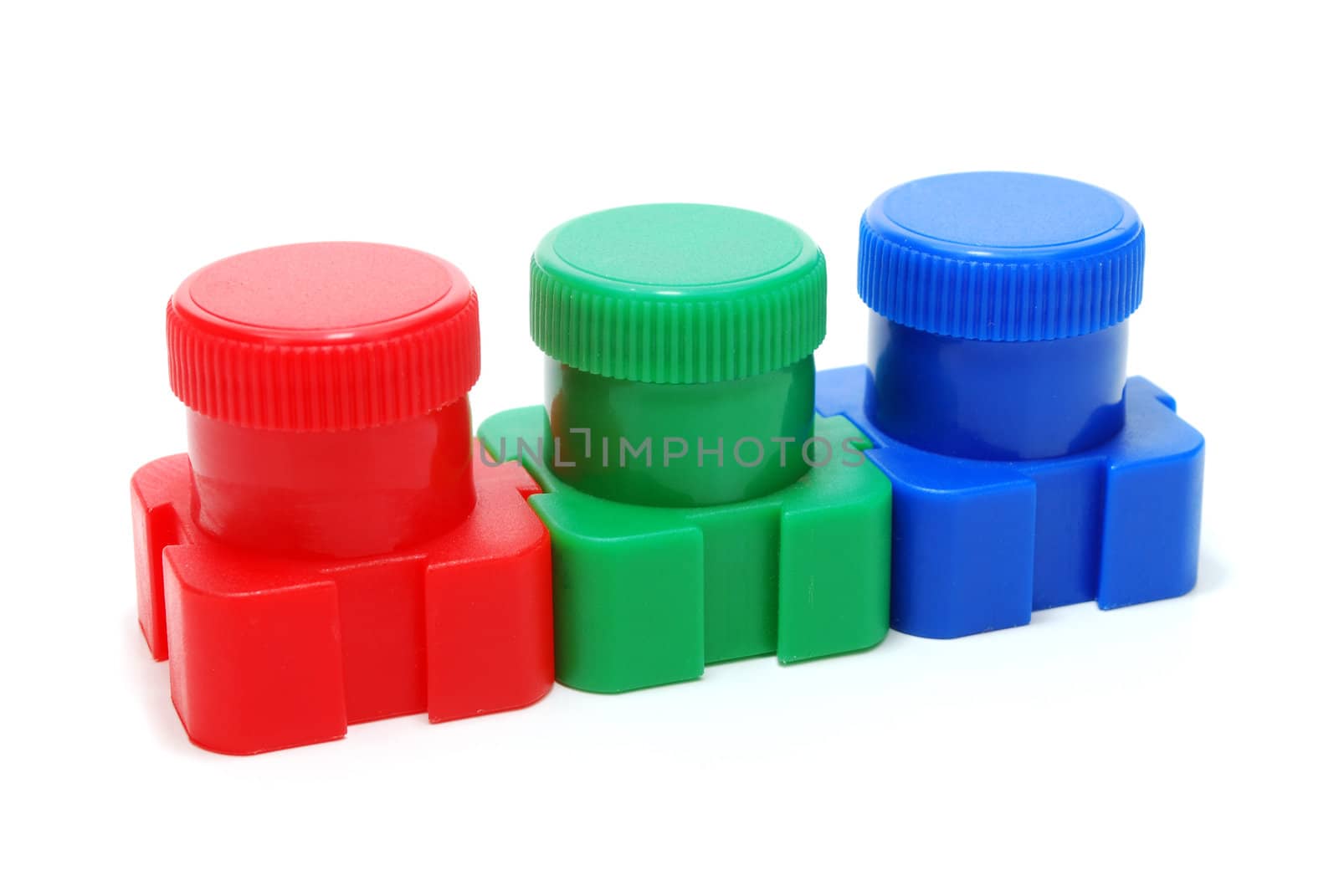 Three Ink (Paint) Cans of Red, Green and Blue Color (RGB Concept) Isolated on White