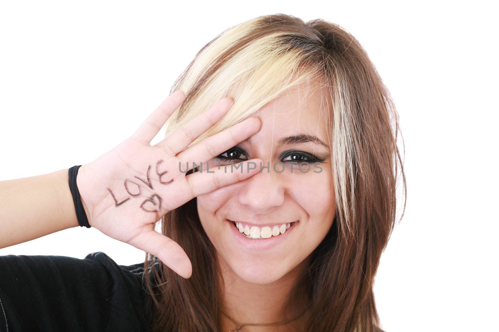 Happy teenager girl, white background isolated by dacasdo