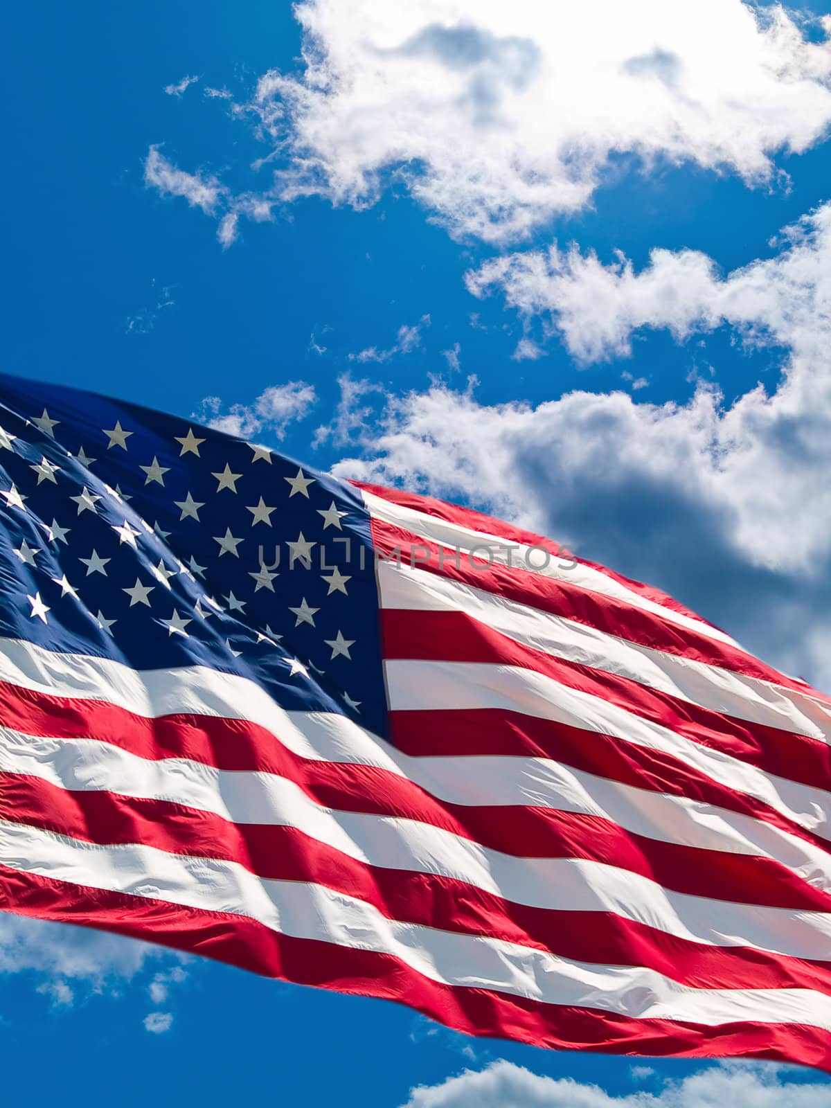 American Flag Before a Cloudy Blue Sky