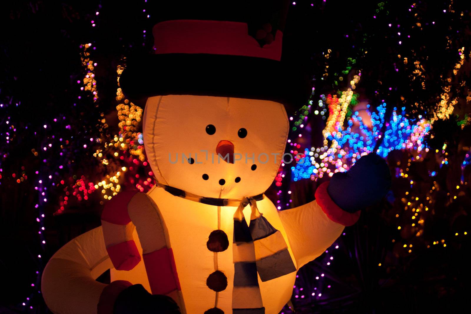 illuminated inflatable snow man with x-mas lights