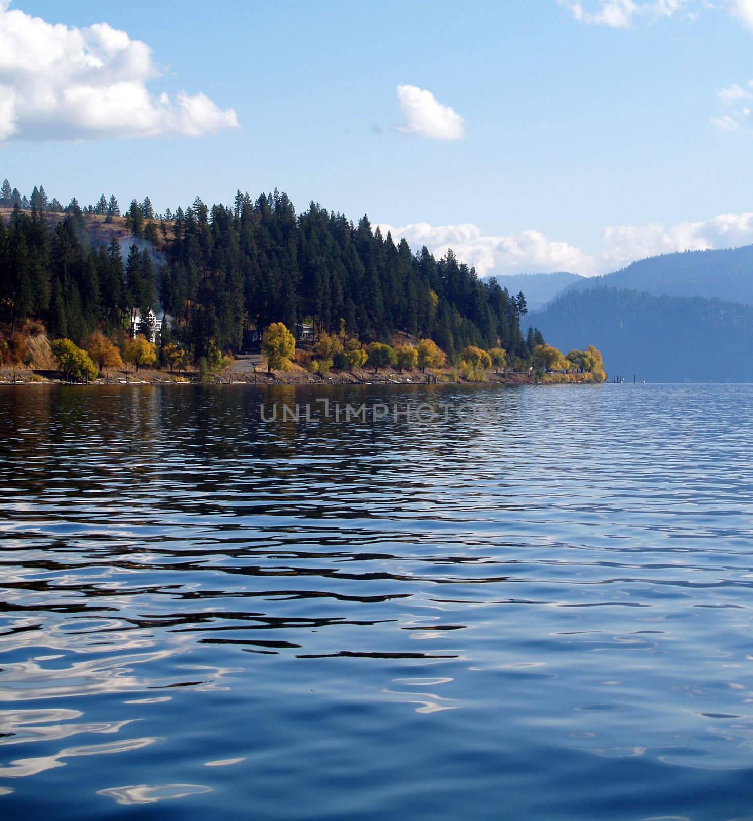 A Mountain Lake Under a Deep Blue Sky Coeur d'Alene Idaho USA