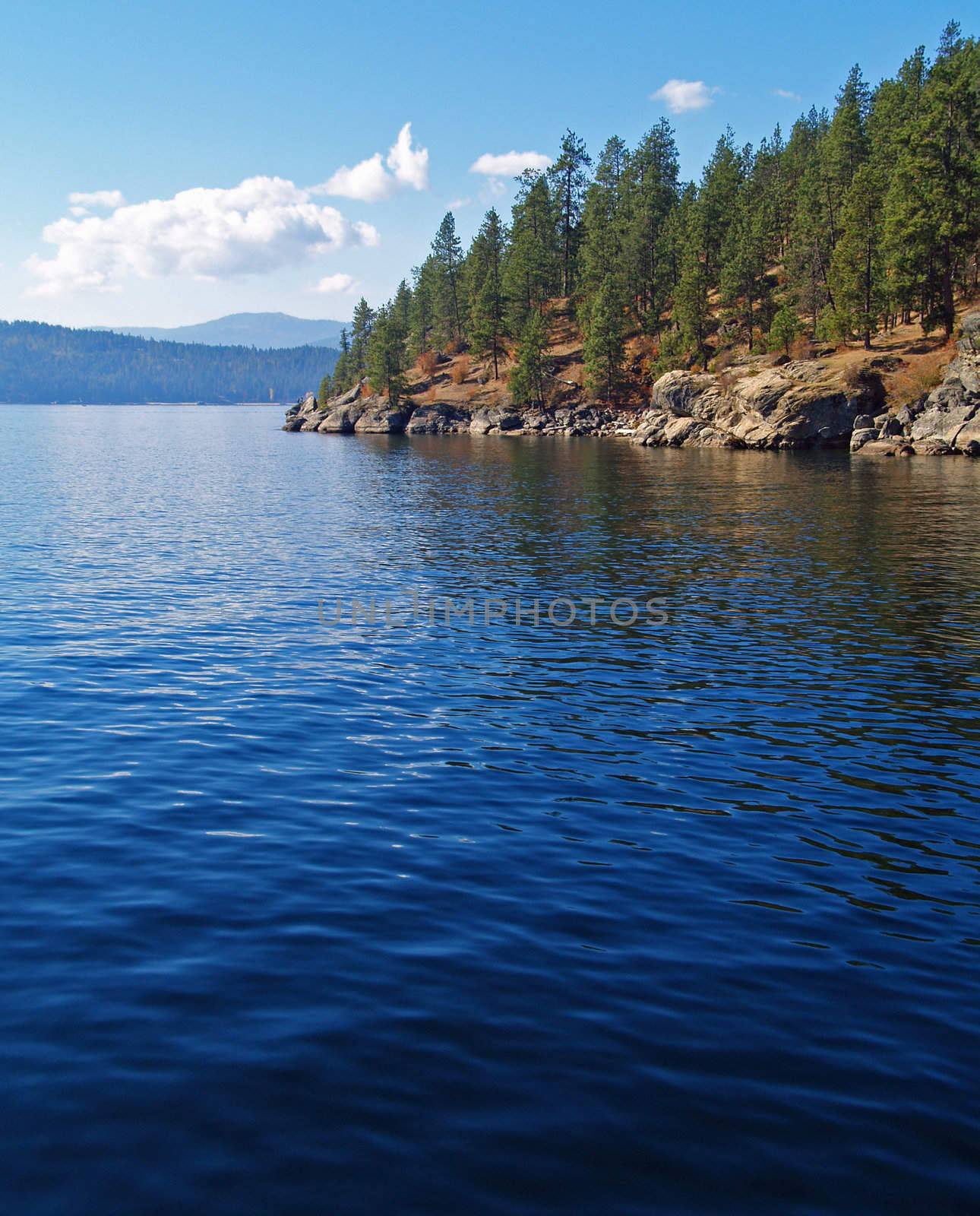 A Mountain Lake Under a Deep Blue Sky Coeur d'Alene Idaho USA