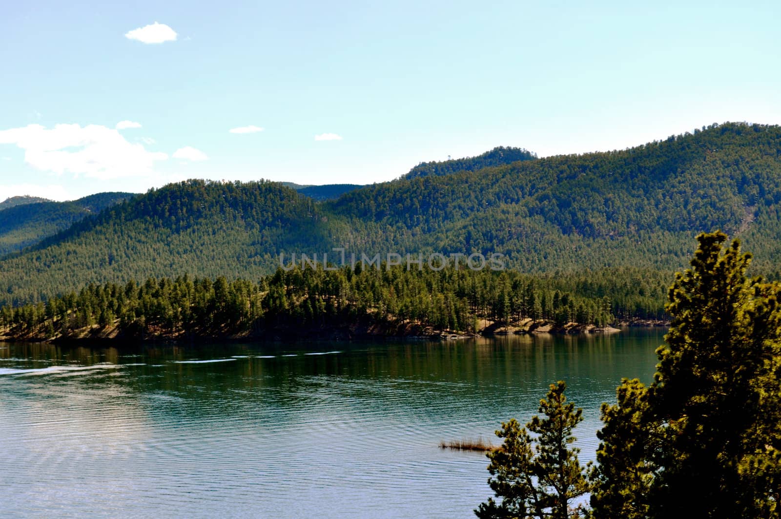 Black hills and water background