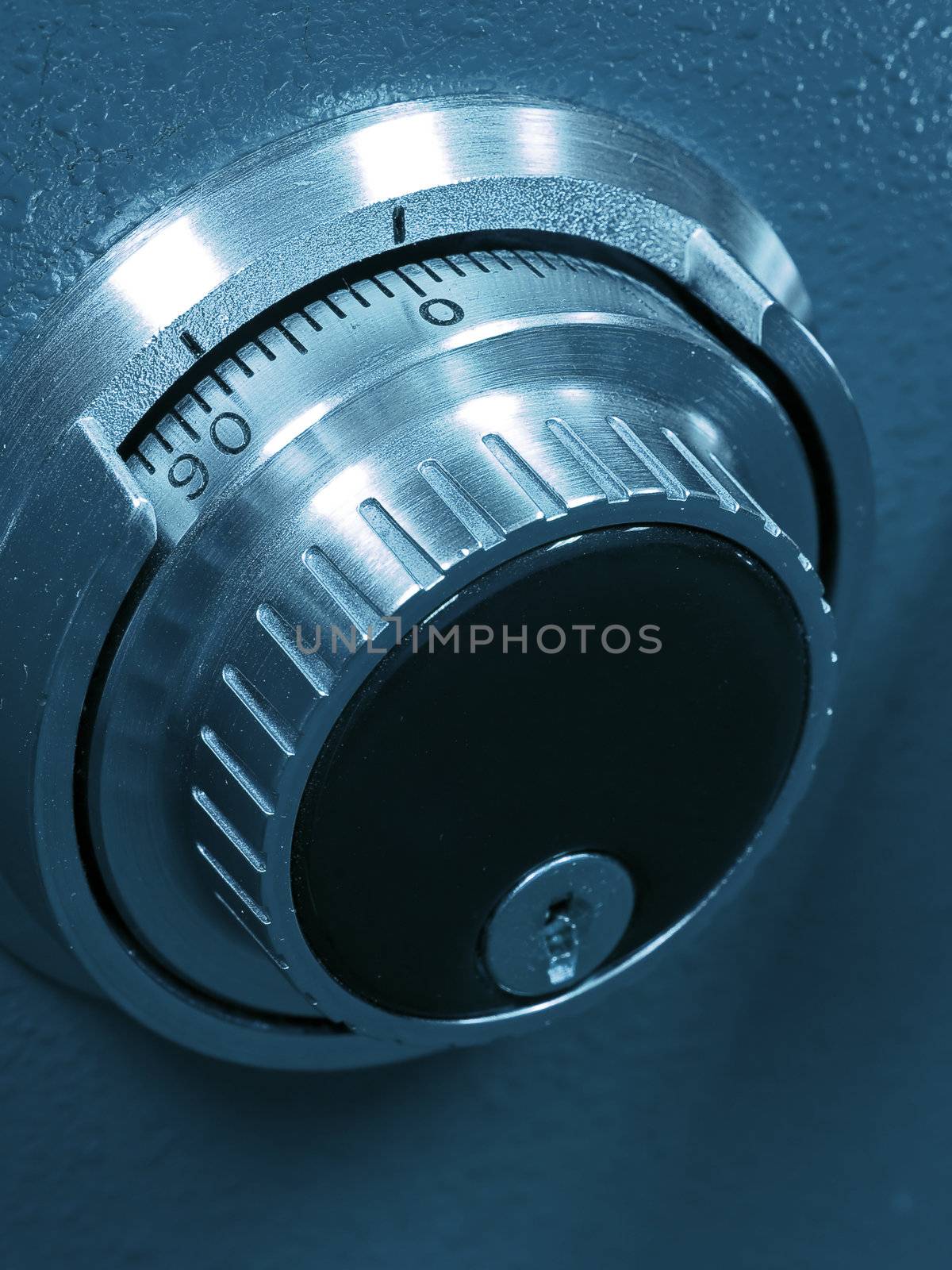 Closeup of a Safe Vault Combination Spinner - Blue Toned