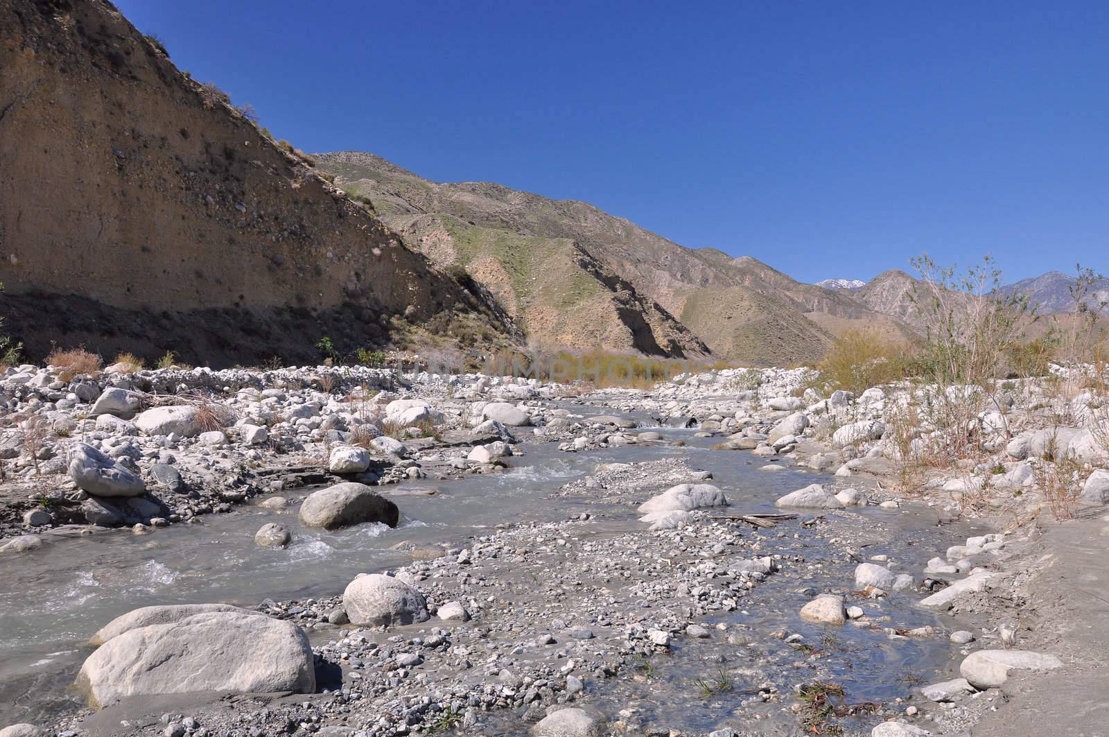 Water flows through the high desert in Whitewater Canyon near the town of Palm Springs, California.