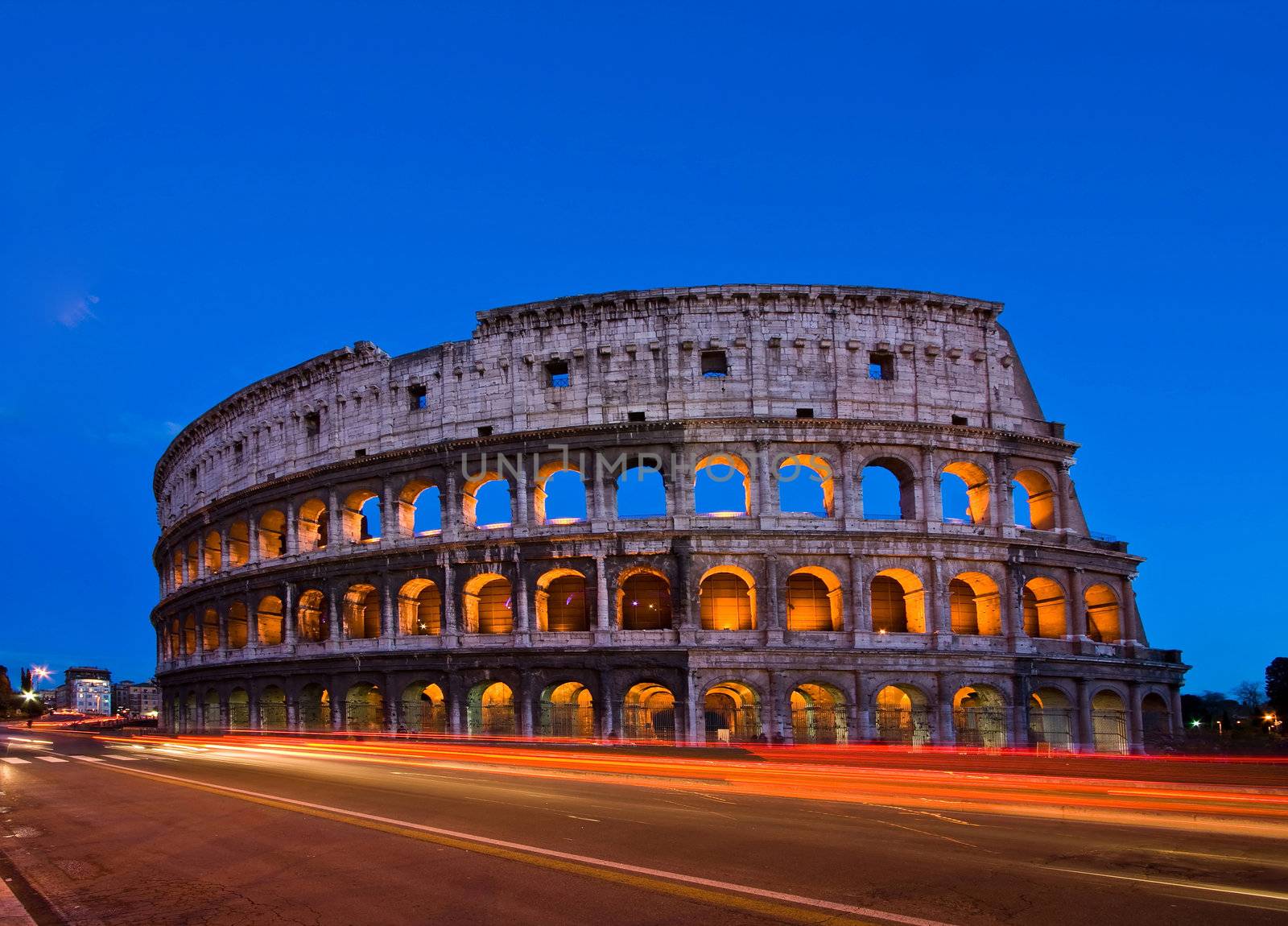 Colosseum at dusk with Light Trail, Rome