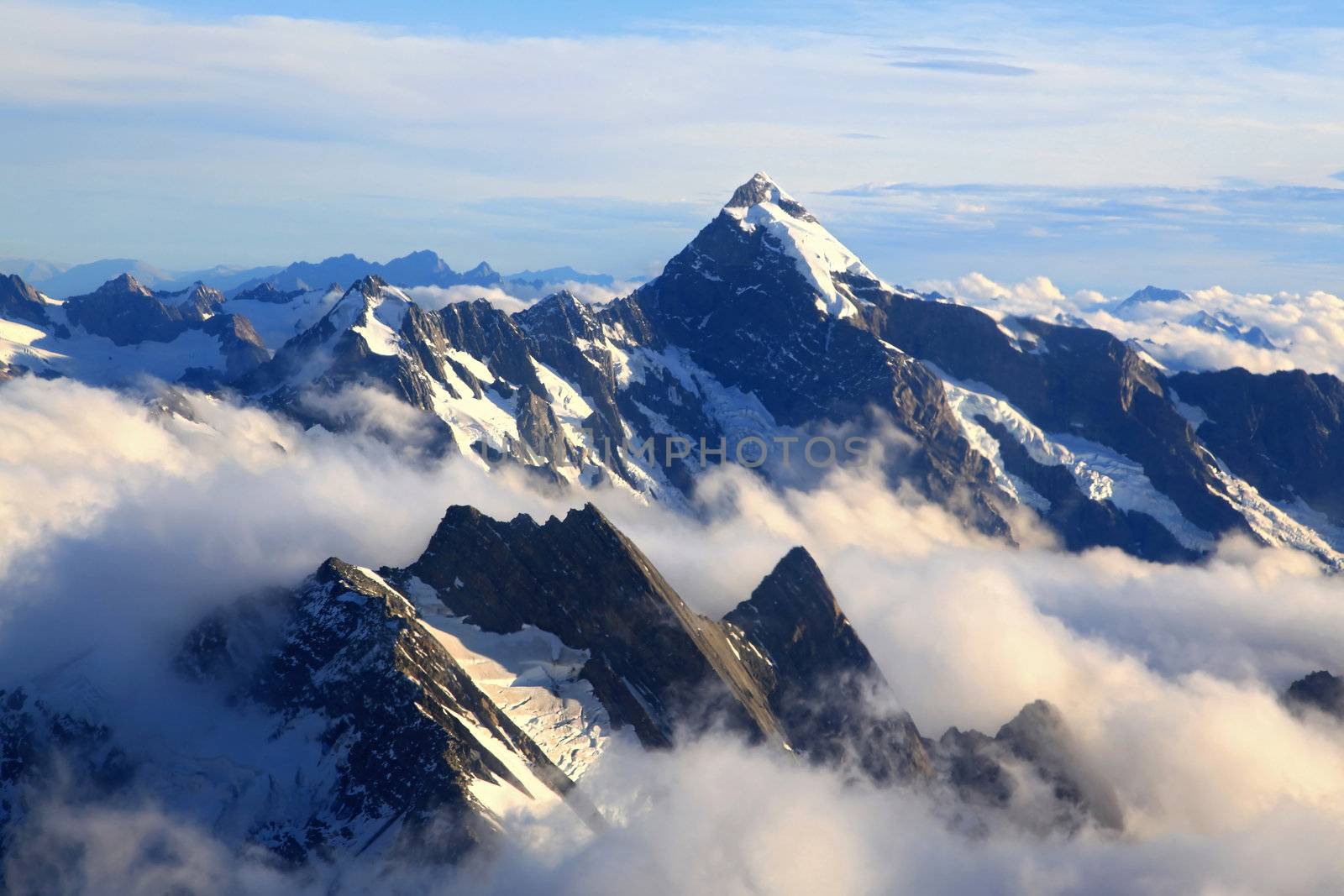 landscape of Mountain Cook Peak with mist from Helicopter, New Zealand