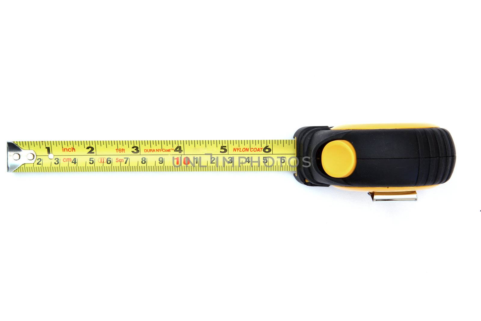 isolated yellow measuring tape on white from top