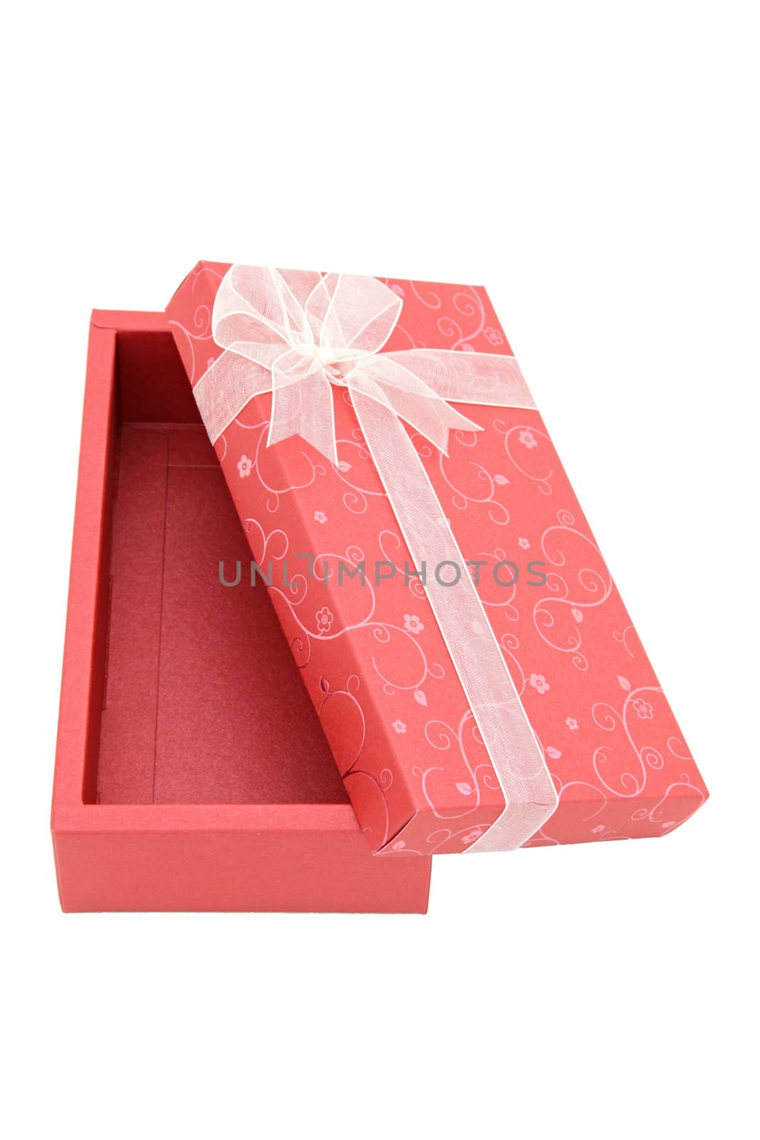 perspective of isolated open red holiday gift box, vertical