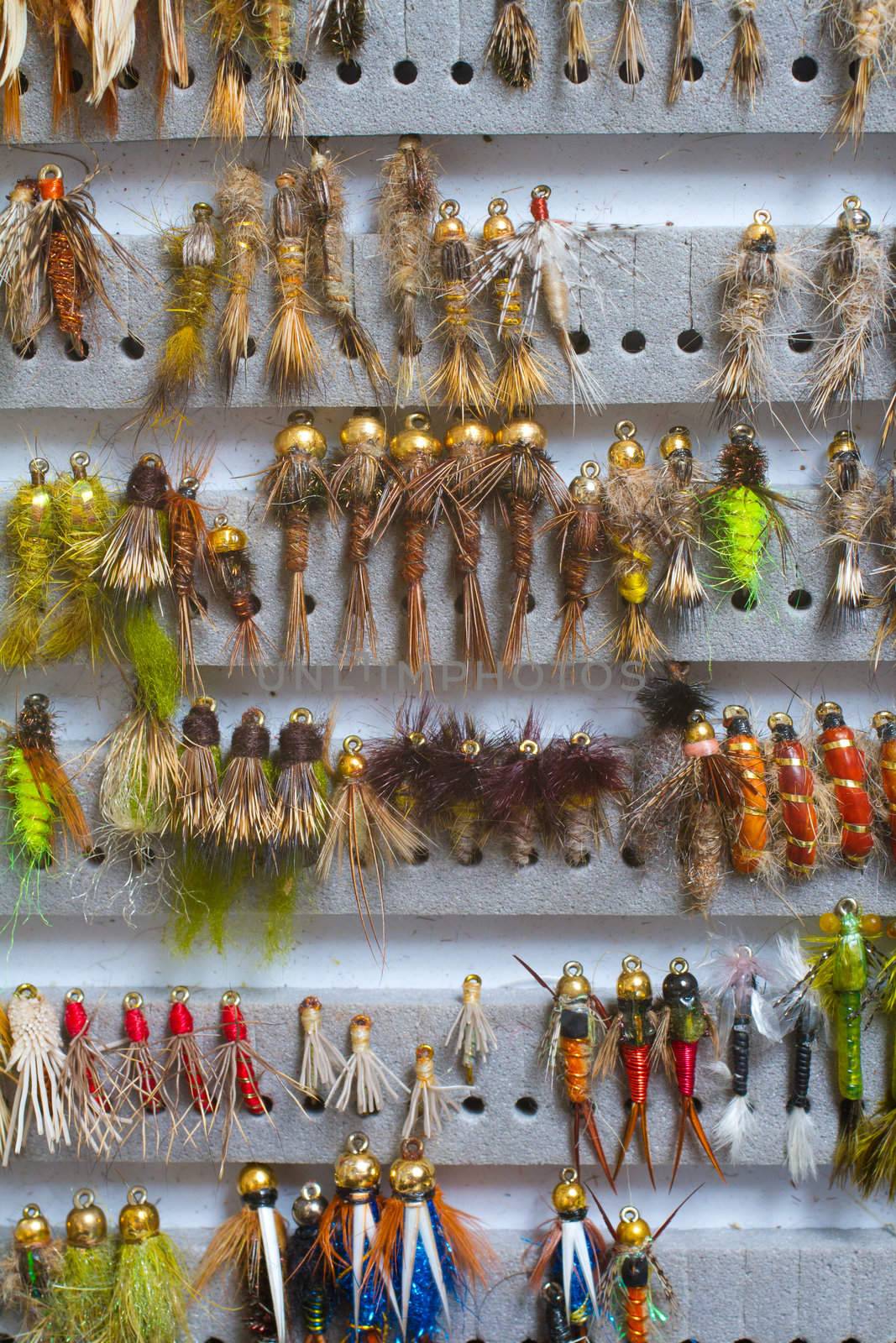 Nymphs and streamers are in this fly fishing box showing the variety of flies used to catch fish in this recreational pursuit.