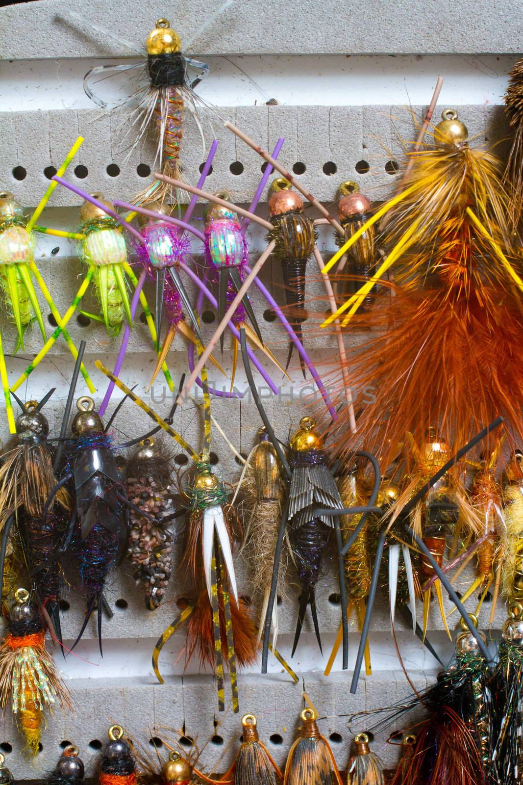 Nymphs and streamers are in this fly fishing box showing the variety of flies used to catch fish in this recreational pursuit.