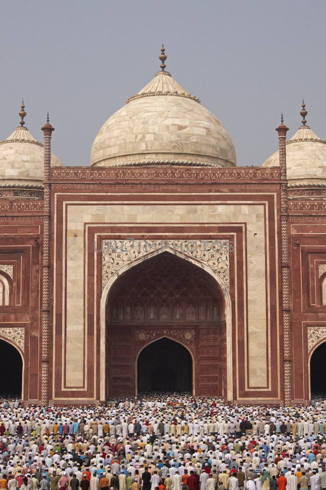 Thousands of people gather in front of the mosque at the Taj Mahal to celebrate the Muslim festival of Eid ul-Fitr in Agra, Uttar Pradesh, India