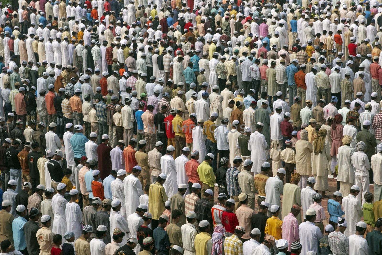 Worshipers gather in front of the mosque at the Taj Mahal to celebrate the Muslim festival of Eid ul-Fitr in Agra, Uttar Pradesh, India