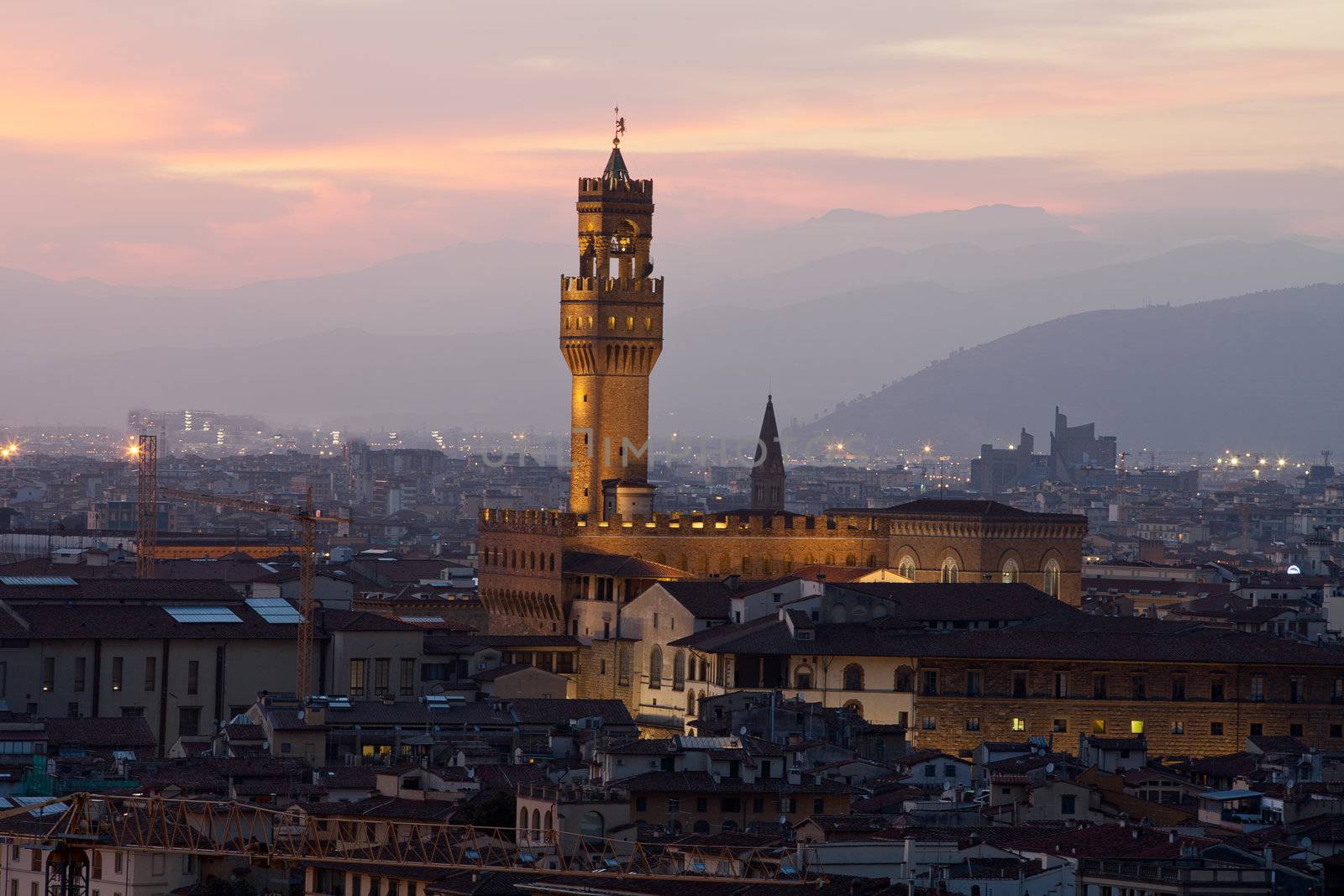 Florence, Night view of Palazzo Vecchio from Piazzale Michelangelo