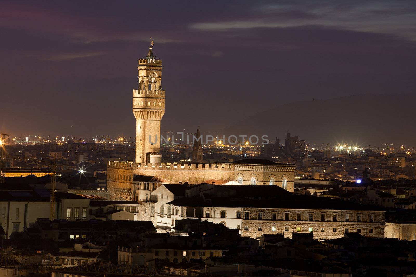 Florence, Night view of Palazzo Vecchio from Piazzale Michelangelo