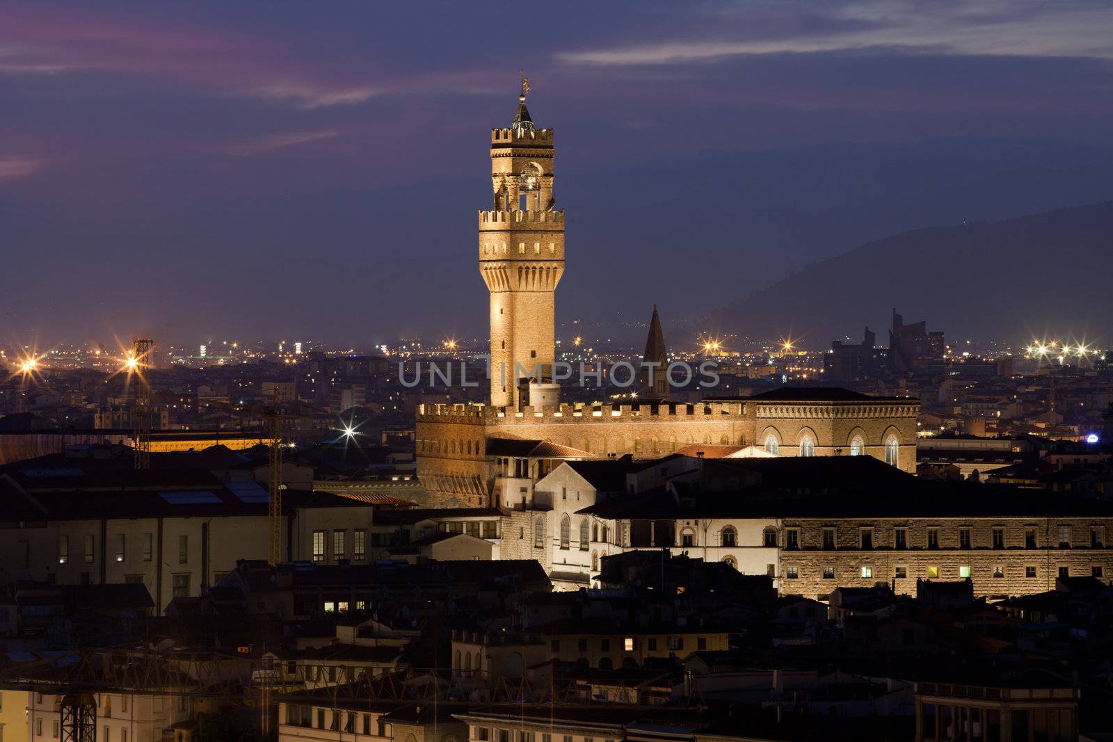 Florence, Night view of Palazzo Vecchio from Piazzale Michelangelo