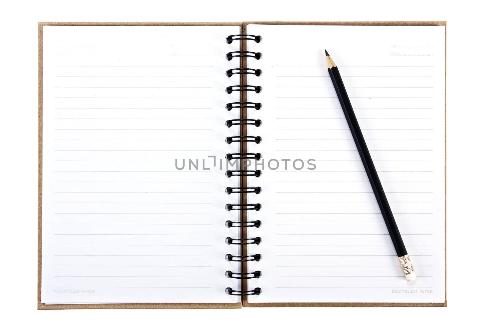 Blank recycled notebook open and pencil