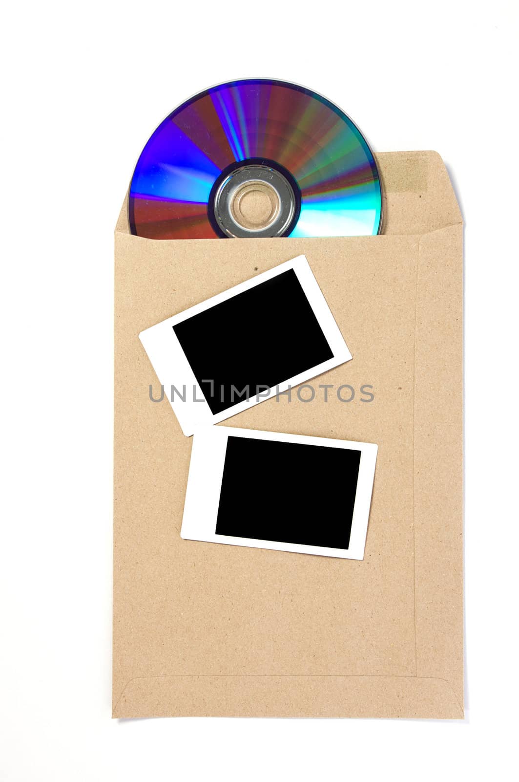 Brown Envelope document with cd-rom and Frame on white background
