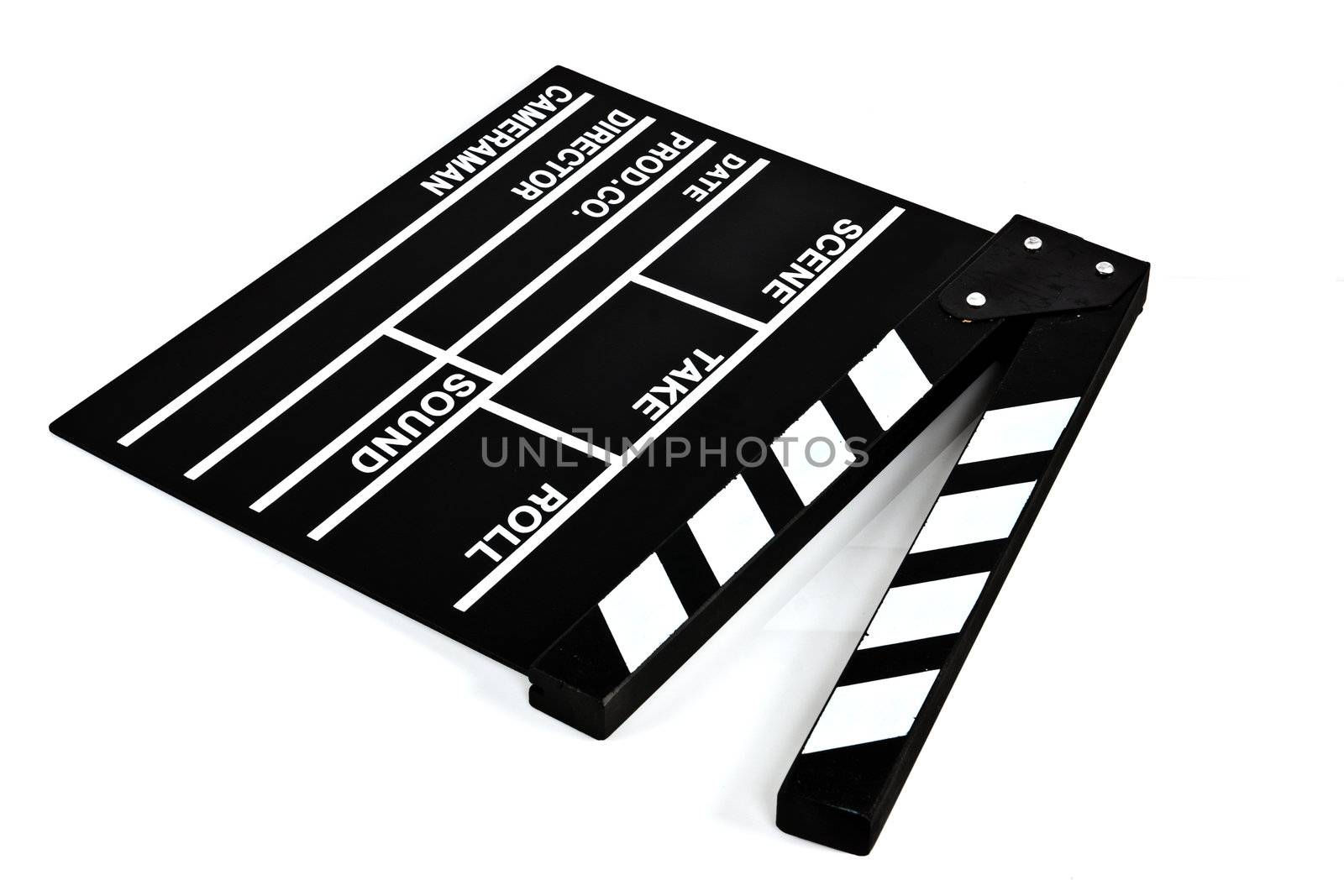 Film slate close up on white background