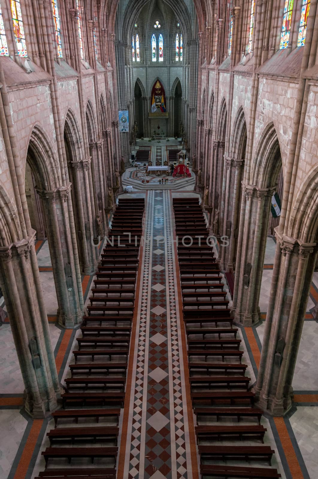 View of the interior of the Basilica of the National Vow in Quito, Ecuador