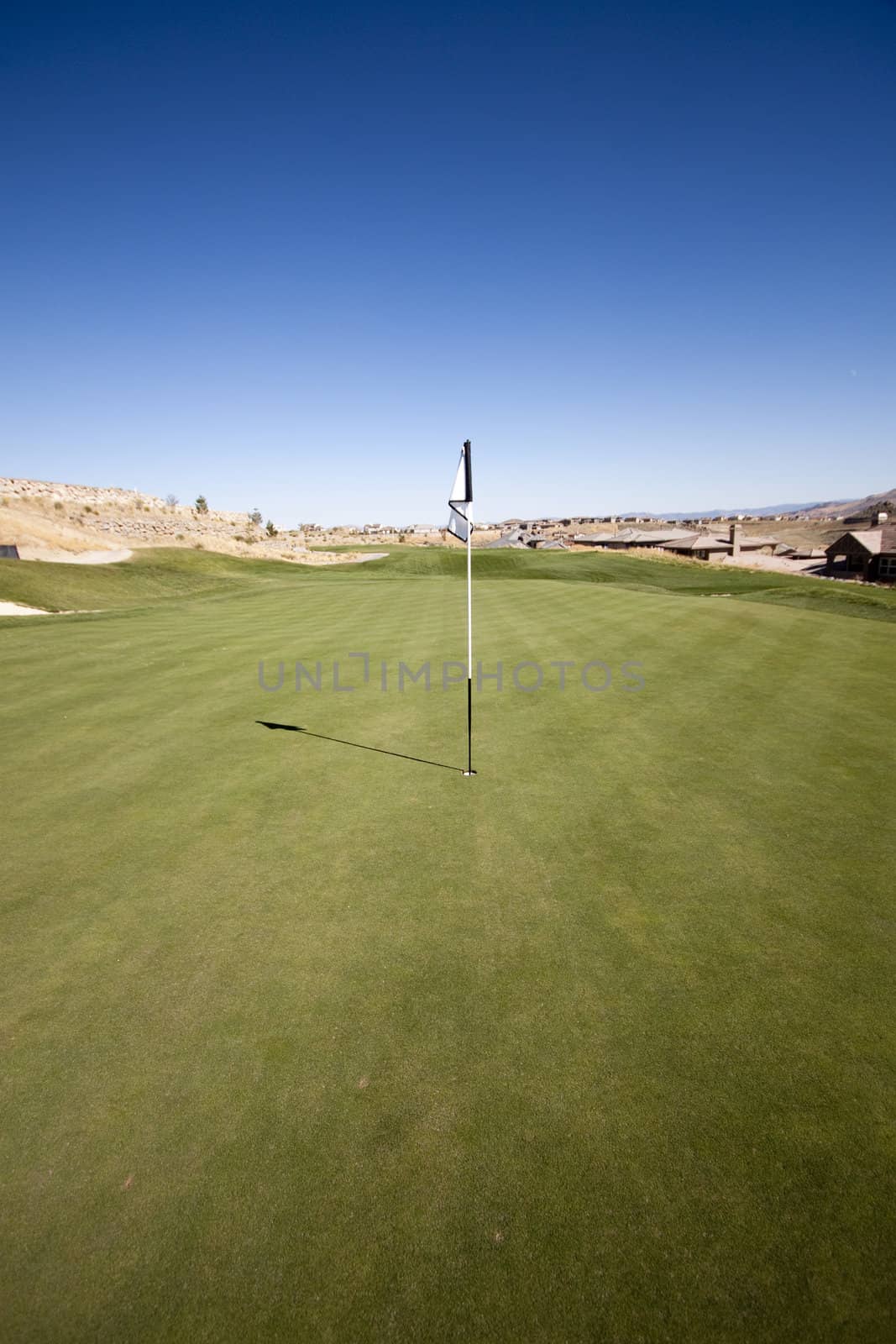 Golf course with green grass and clear blue skies. by jeremywhat