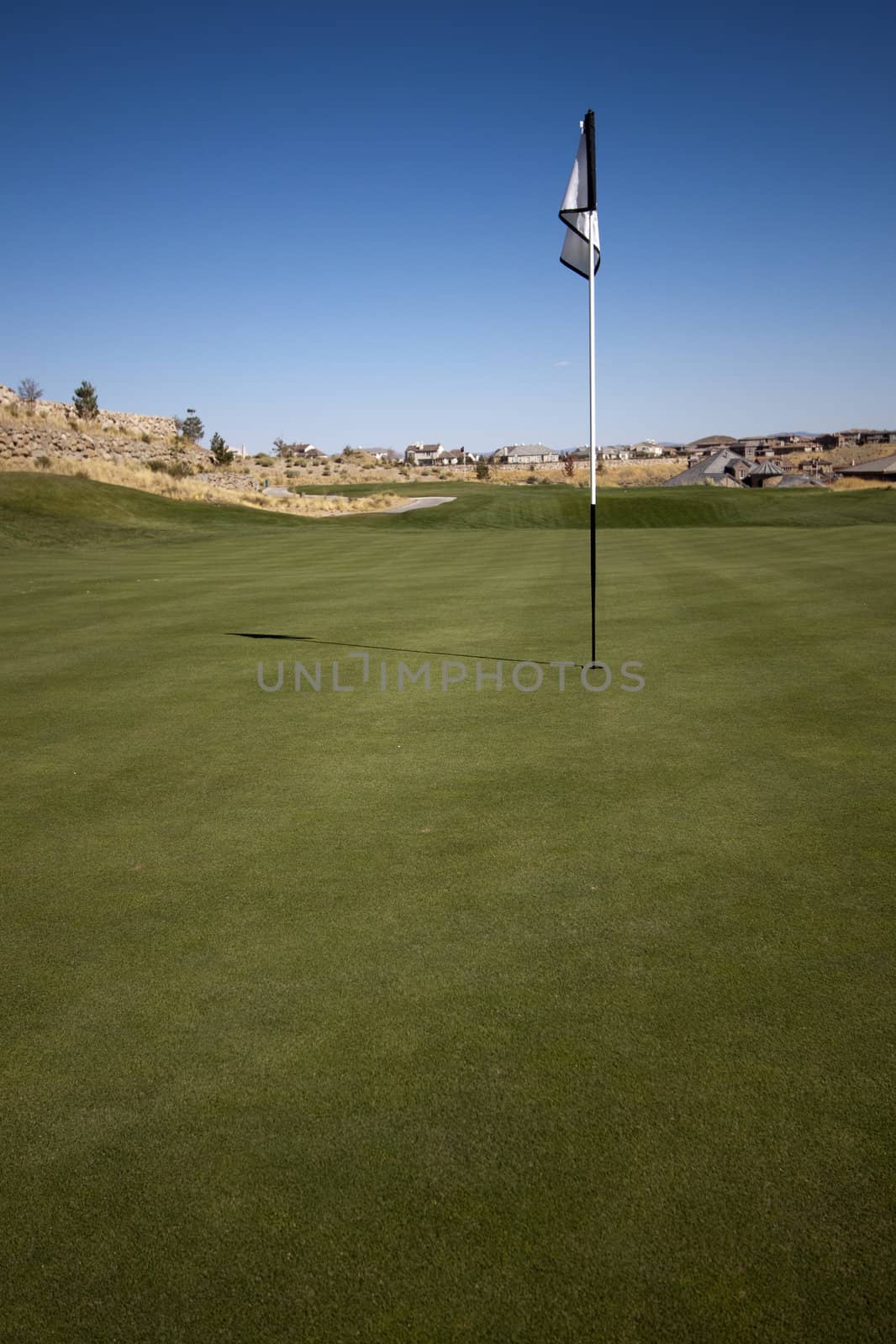Golf course with green grass and clear blue skies.