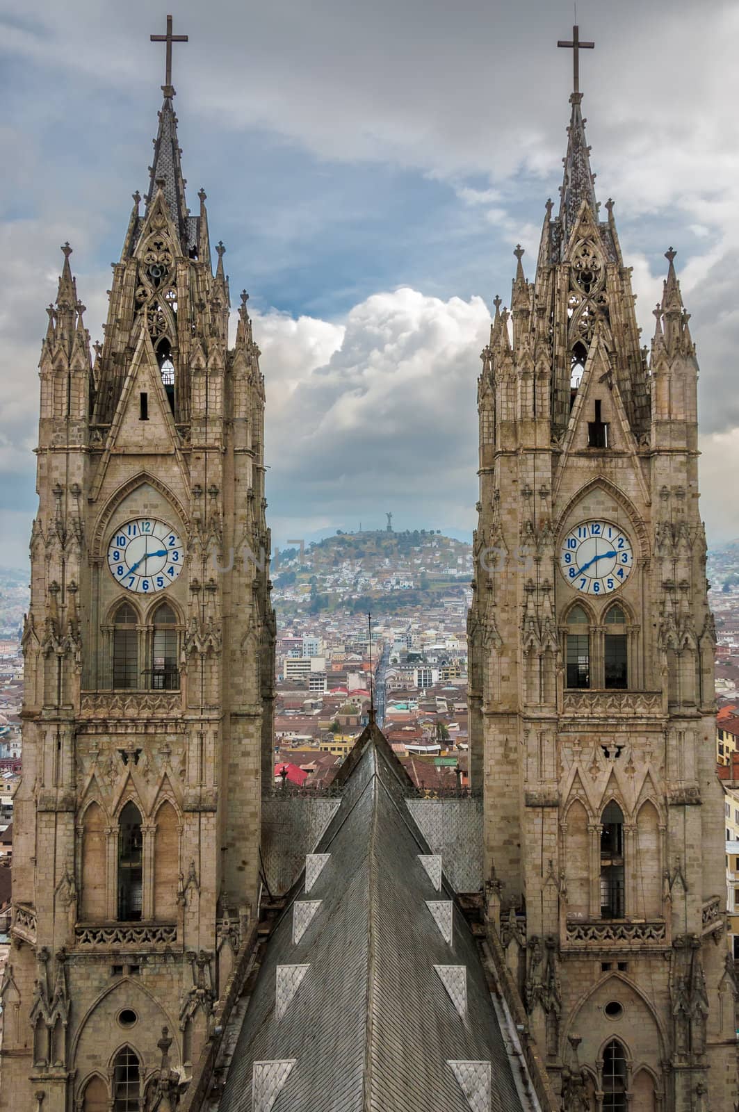 Twin spires of the basilica in Quito, Ecuador