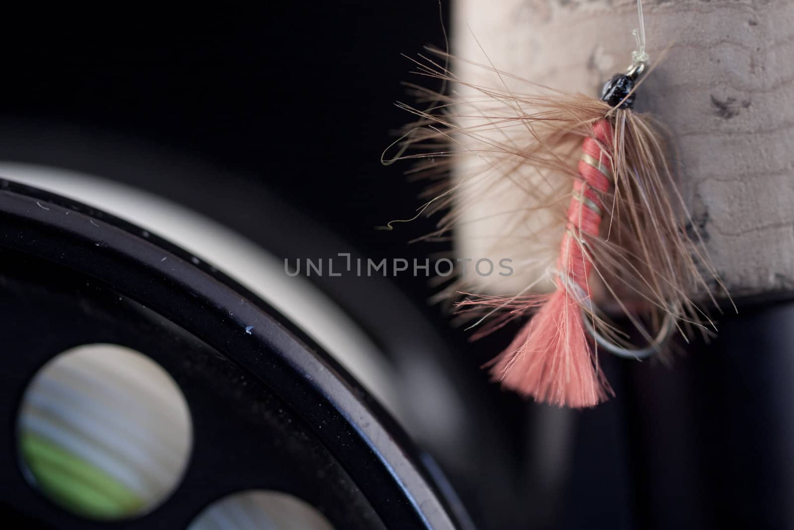 macro of a fly fishing reel and rod with a fly.