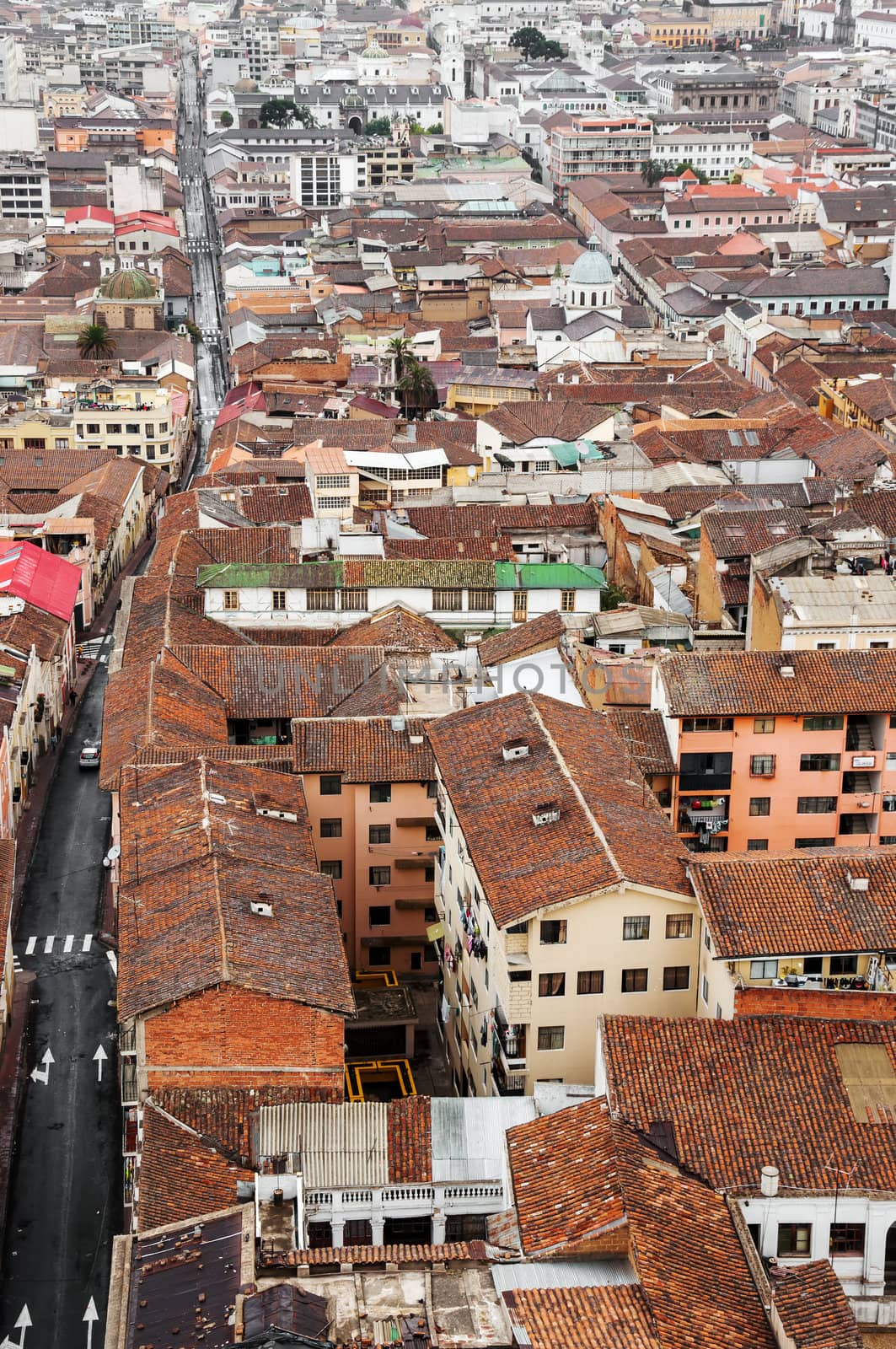 Vertical view of the colonial center of Quito, Ecuador