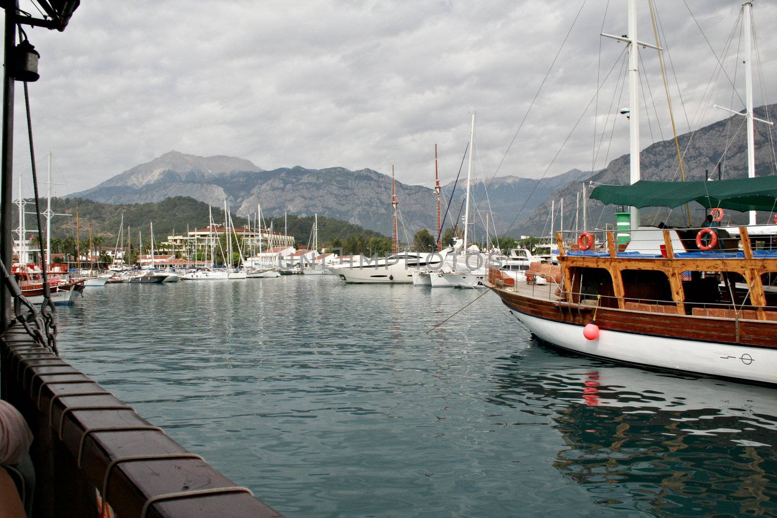 Boats docked at port close up isolated