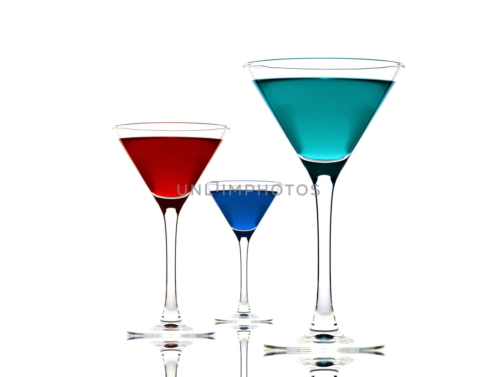 three cocktail glass isolated on white background