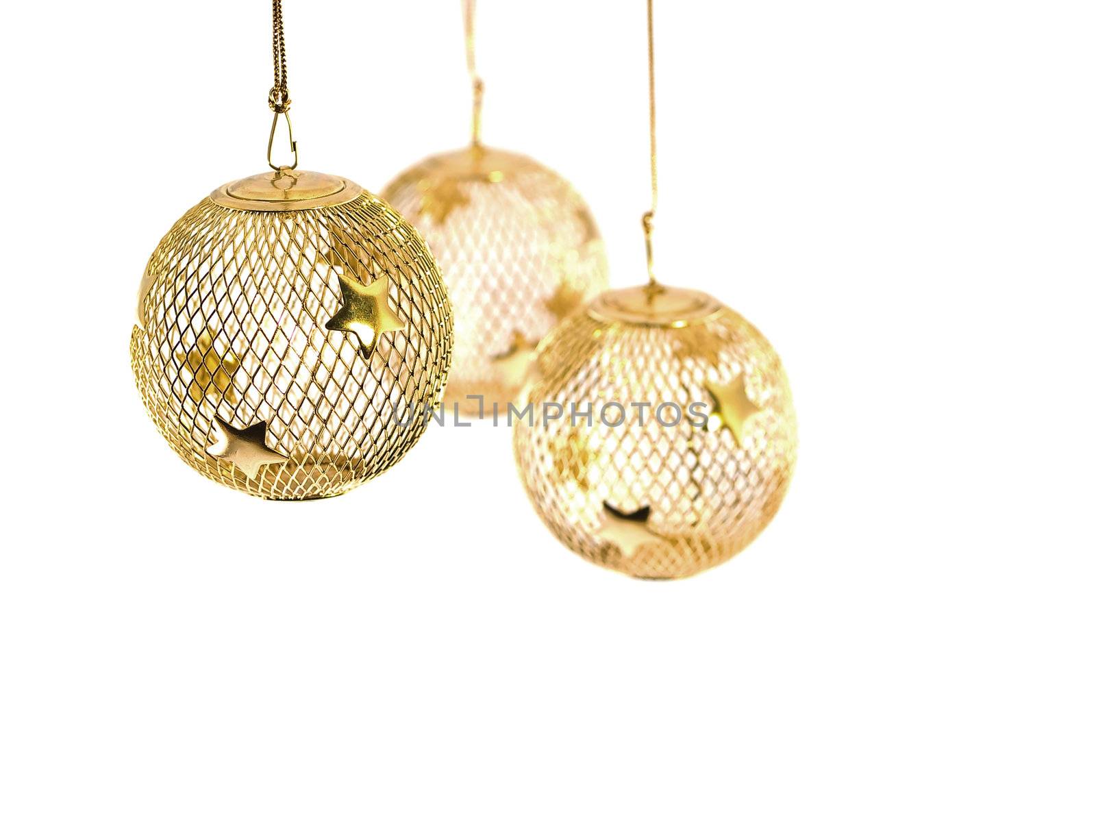 A hollow gold wire mesh Christmas ornament with stars