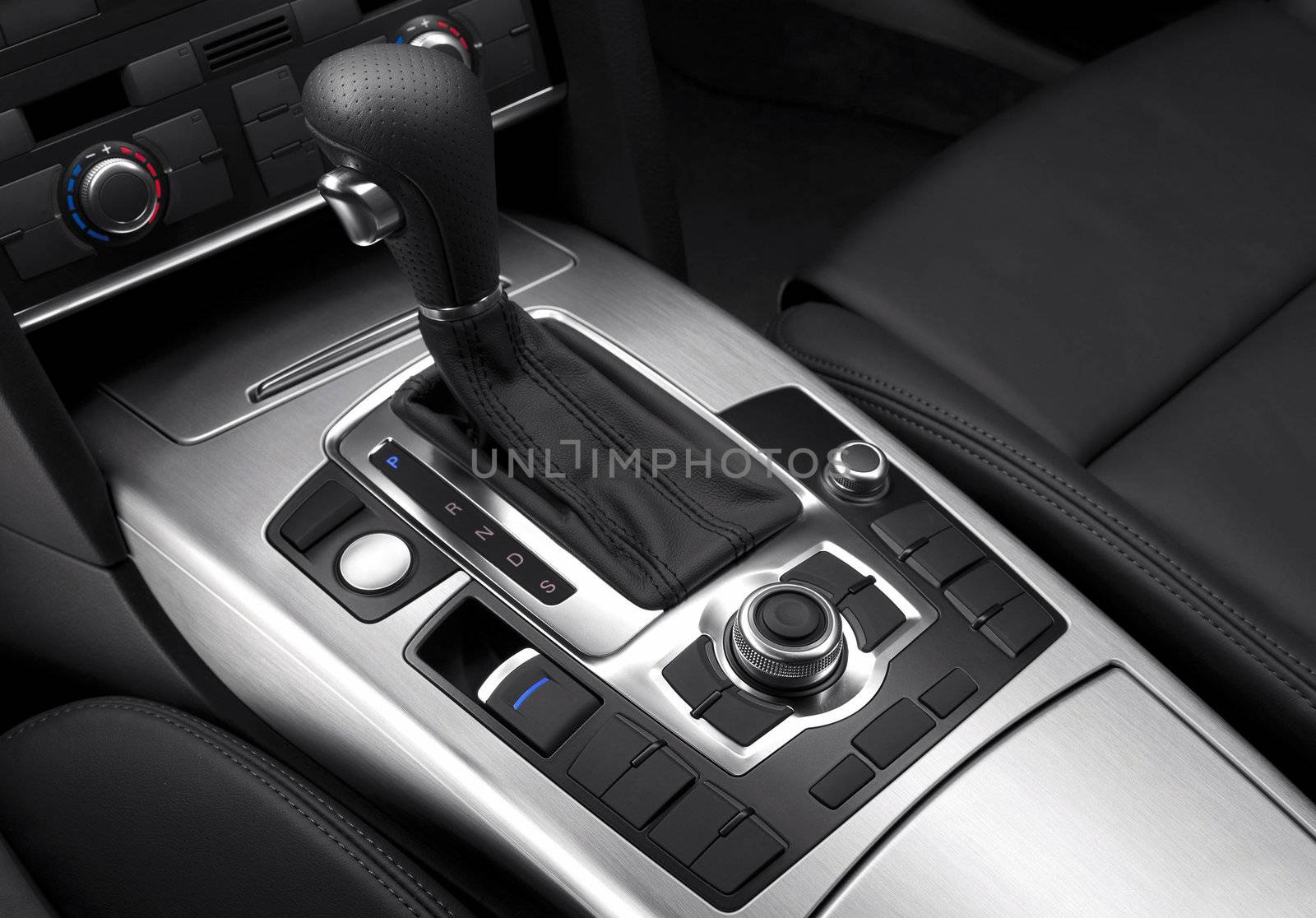 close up view of car gearshift and details