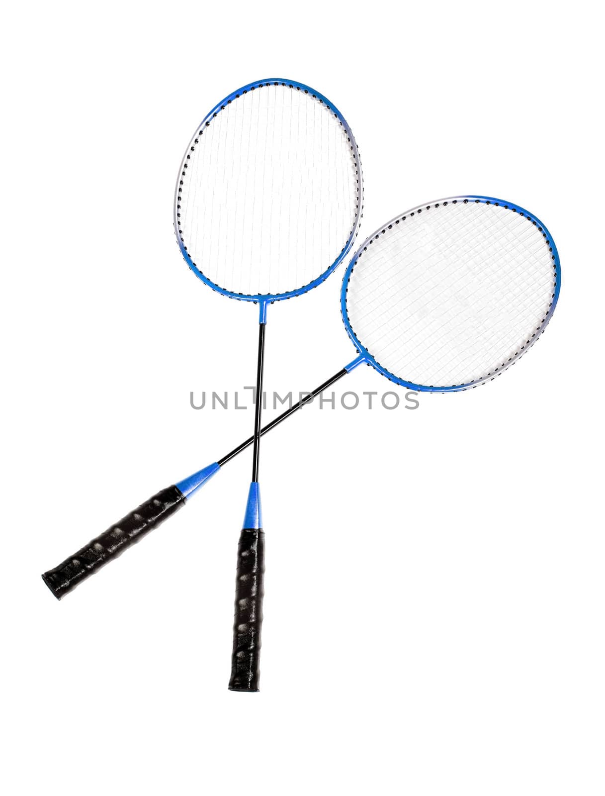 Badminton rackets close up isolated on white background