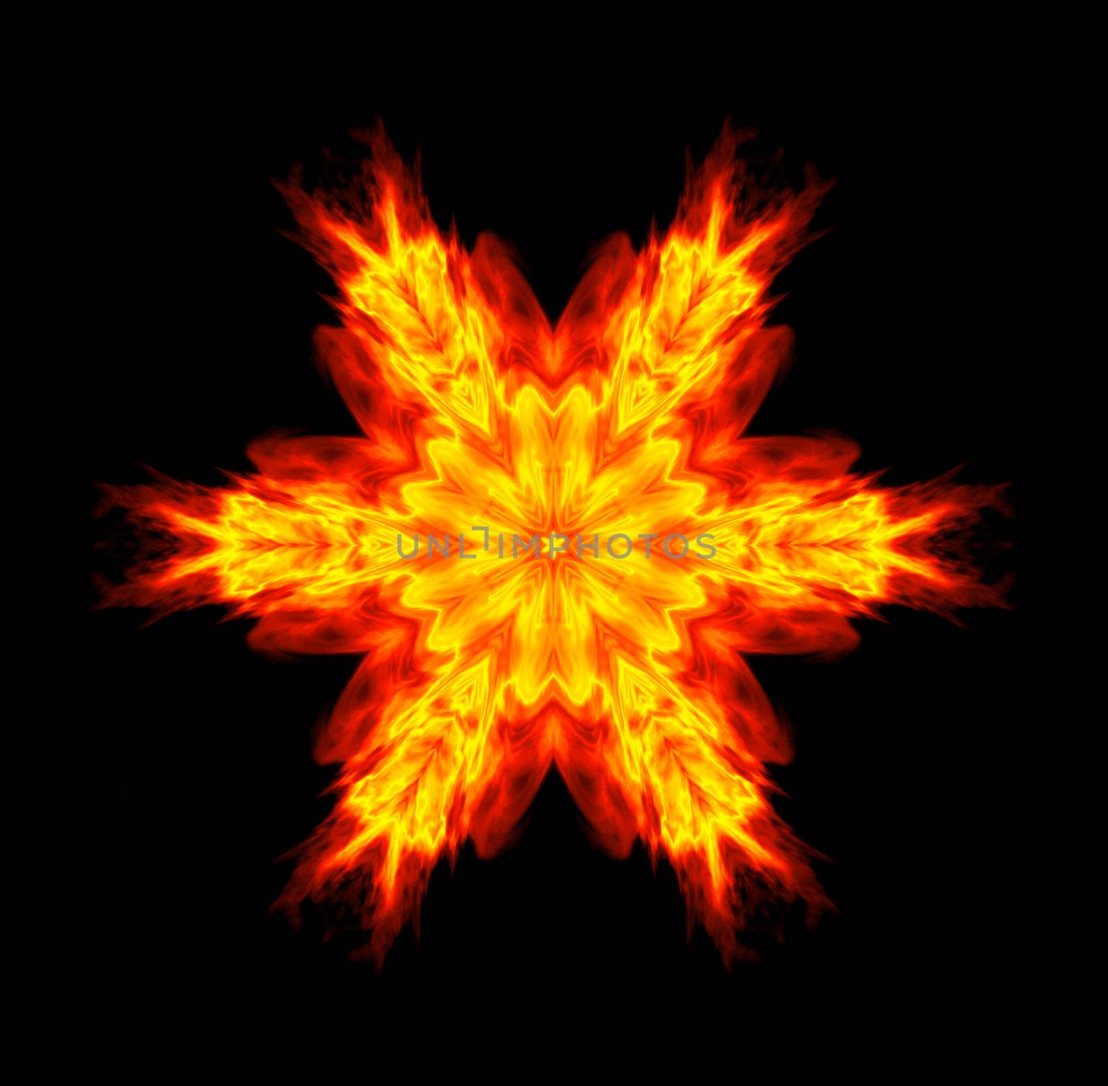 An abstract illustration of a flaming star done in shades of yellow and orange on a black background.