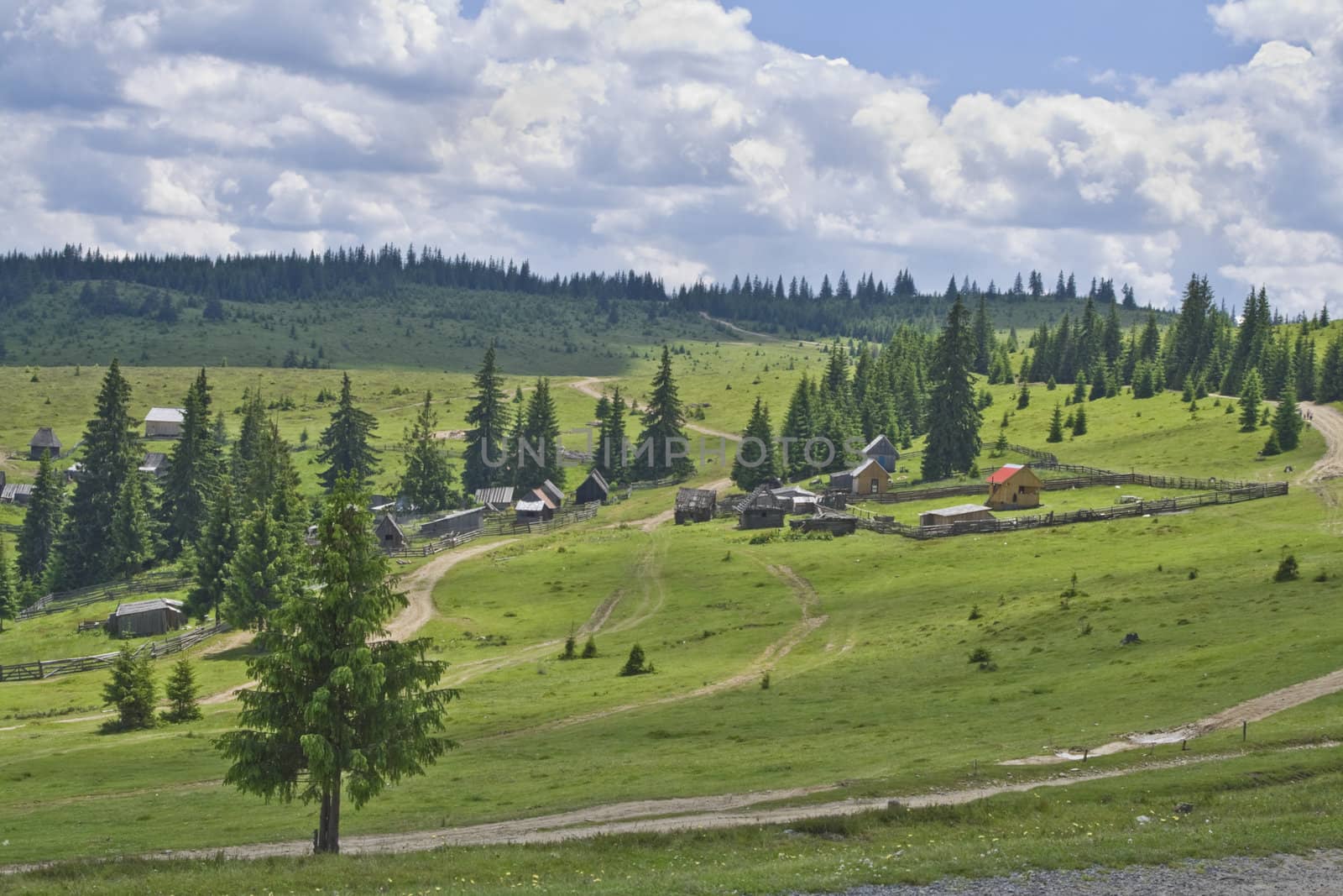 Landscape with sheepfolds and houses somewhere in Apuseni Mountains,Romania.