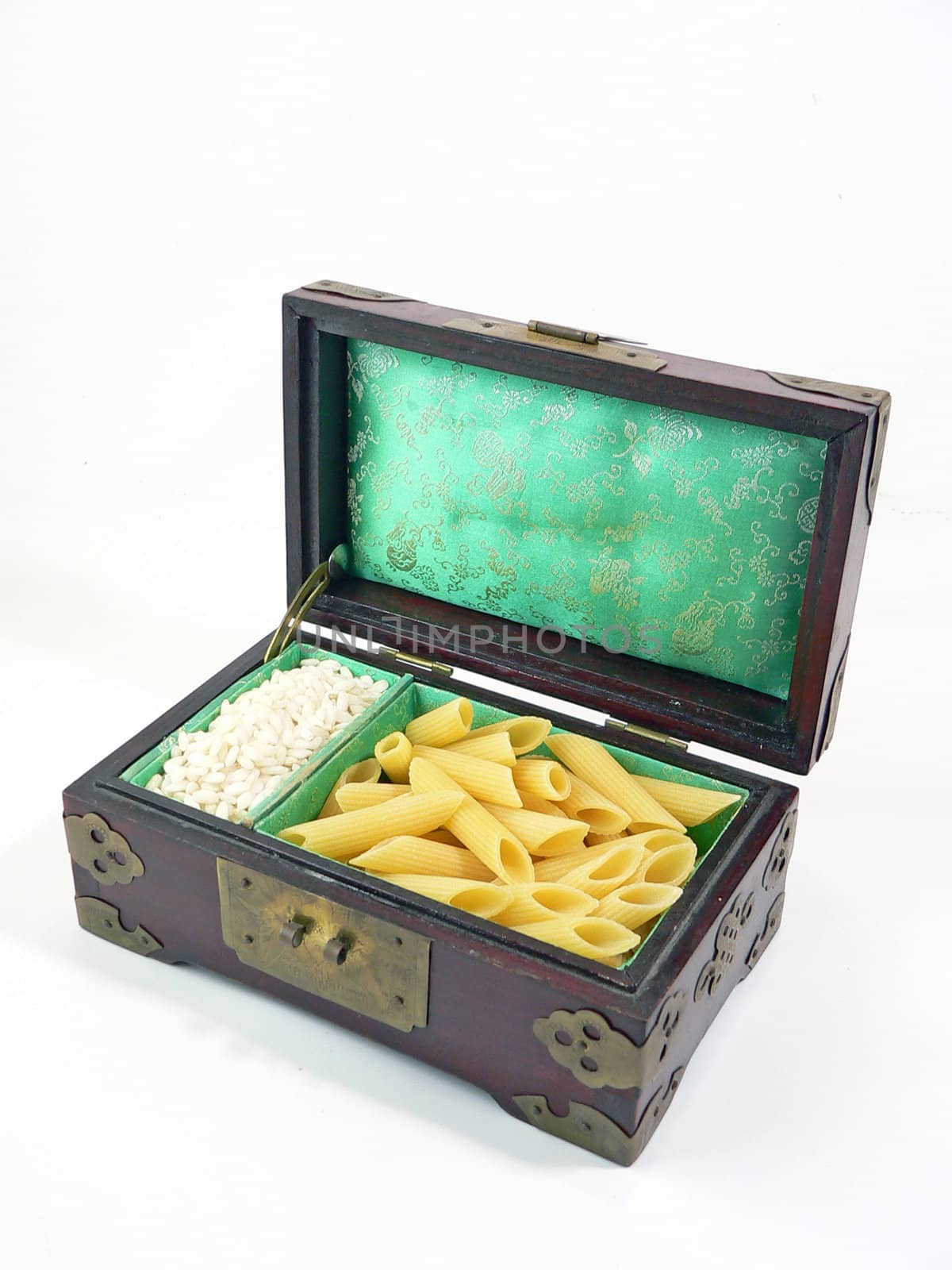 wood chest with pasta and rice