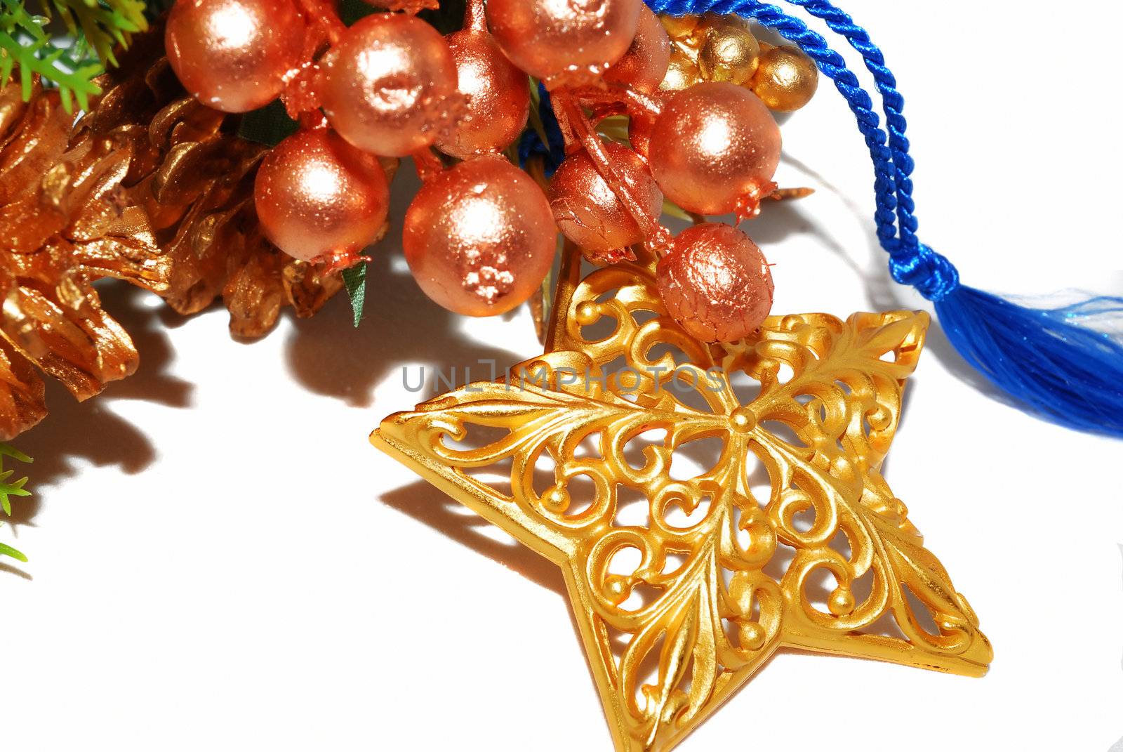 Gold metalic star with berry Christmas floral isolated on the white. 