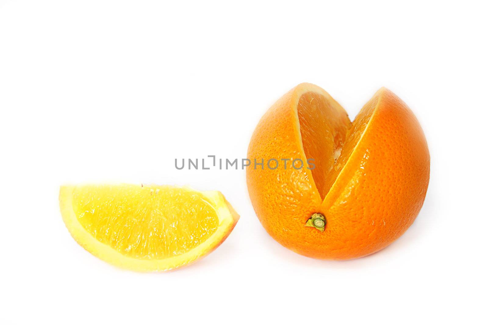 Sweet orange and its slice isolated on white