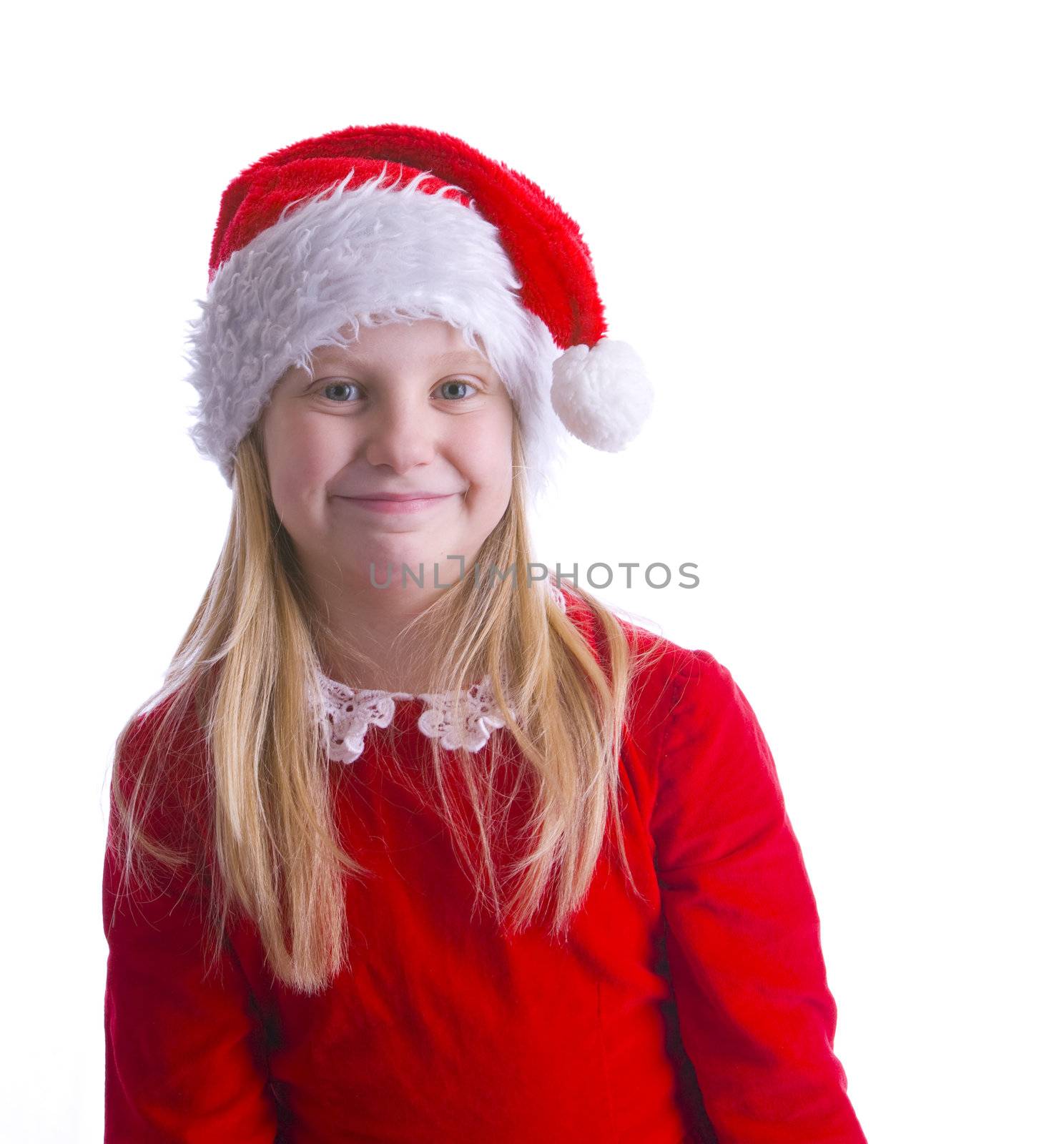 A girl elf in red leaning to the left of the frame