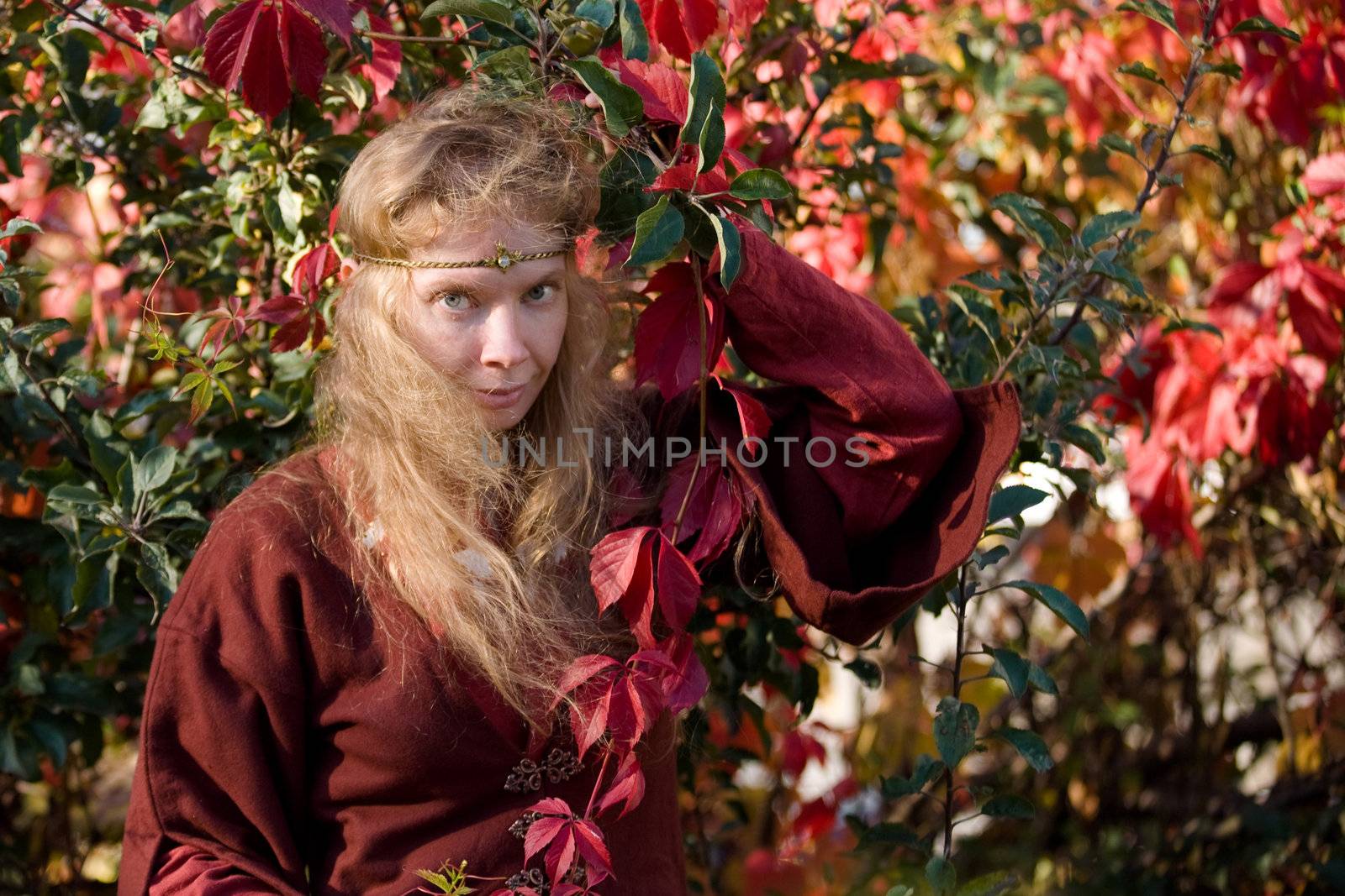 The blonde girle in medieval red dress in the autumn forest
