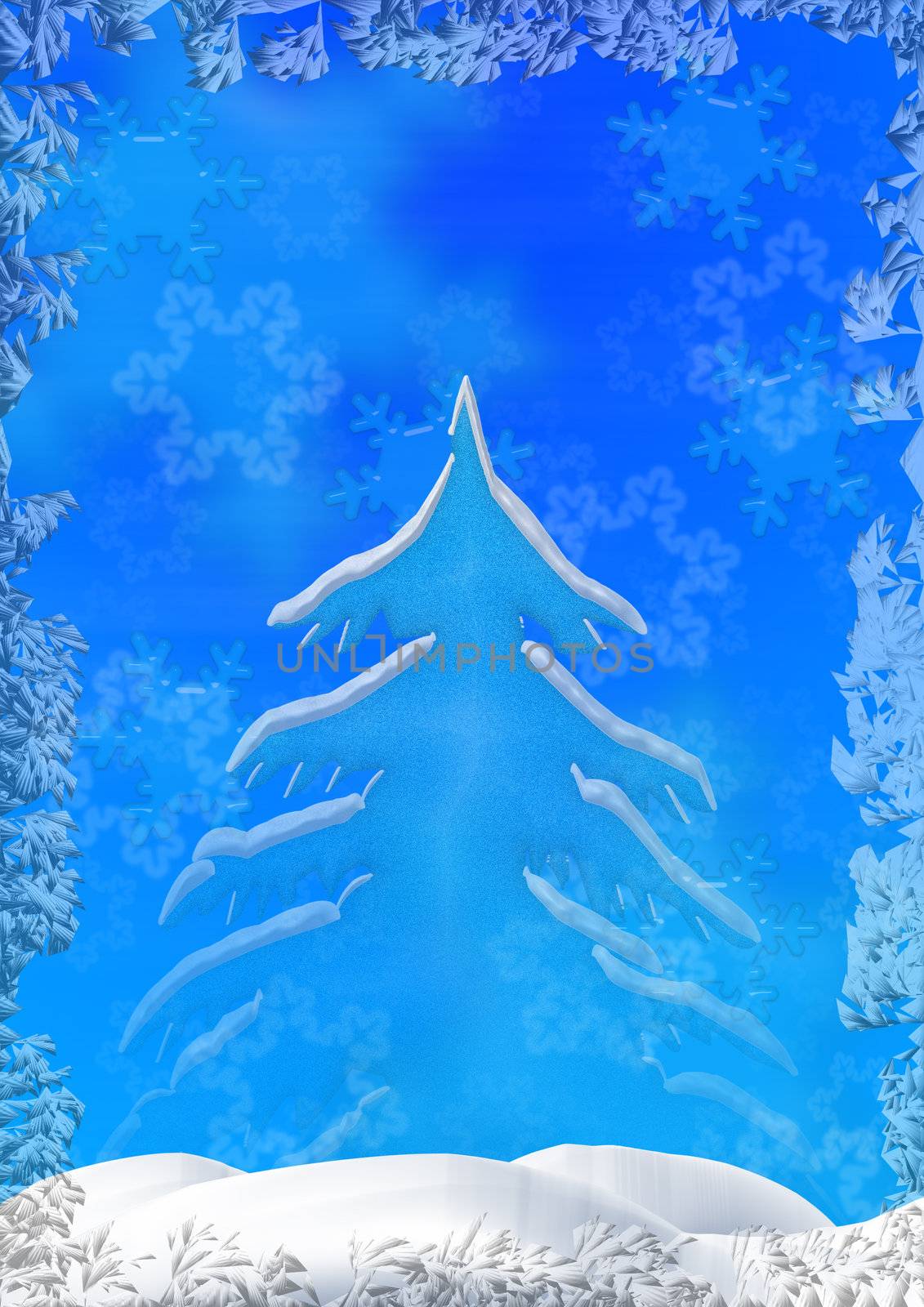 Christmas background with an ice fringing, volumetric snowflakes, a fur-tree and snowdrift