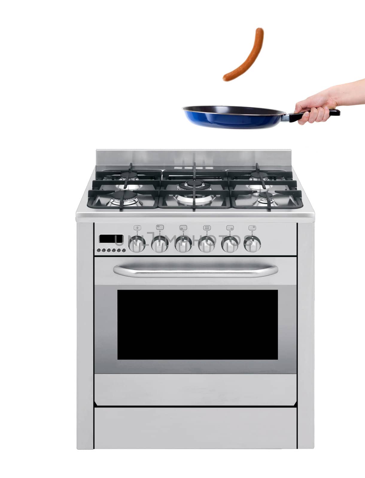 Hand and frying pan with gas-stove