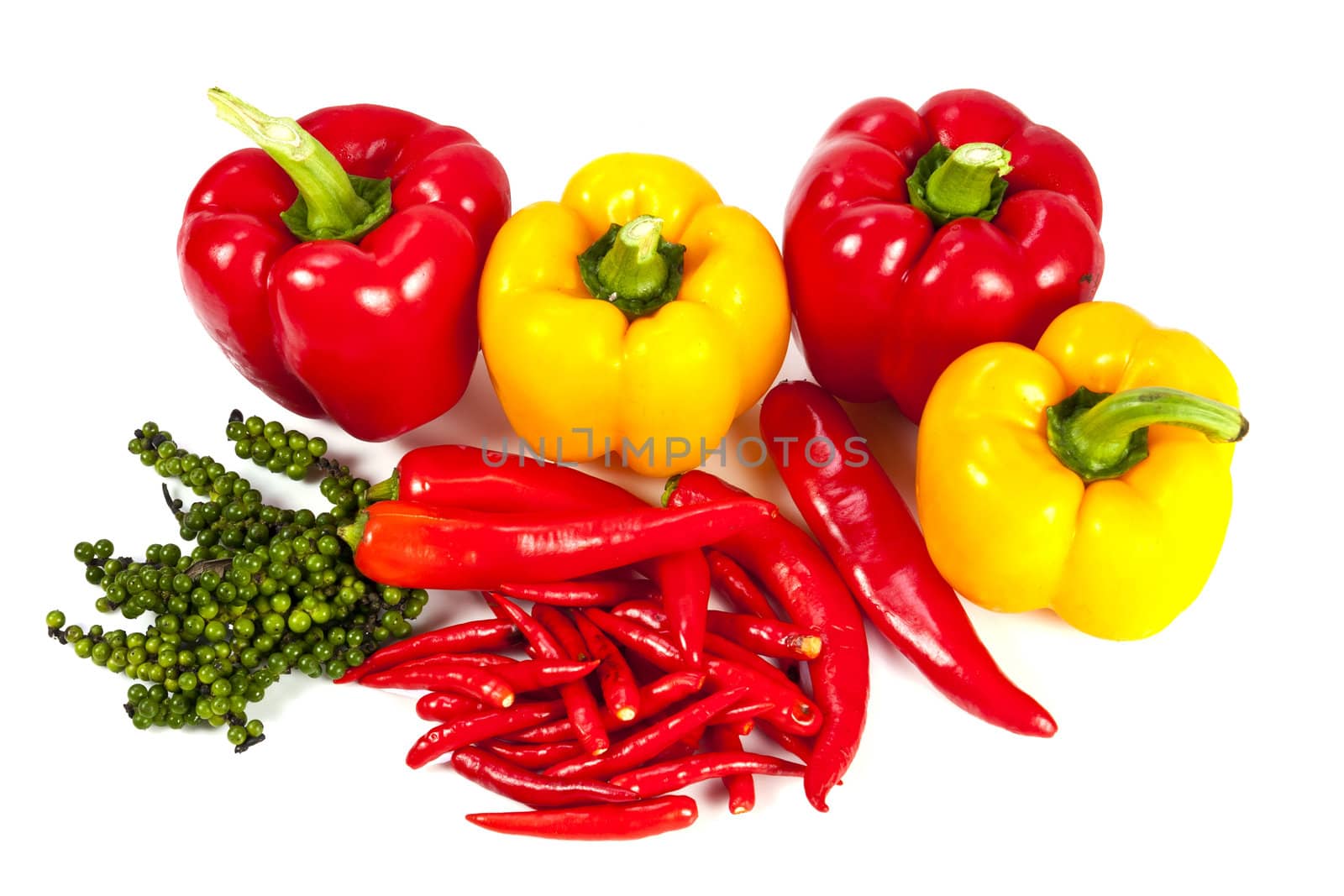 Mix chili and pepper on the white background